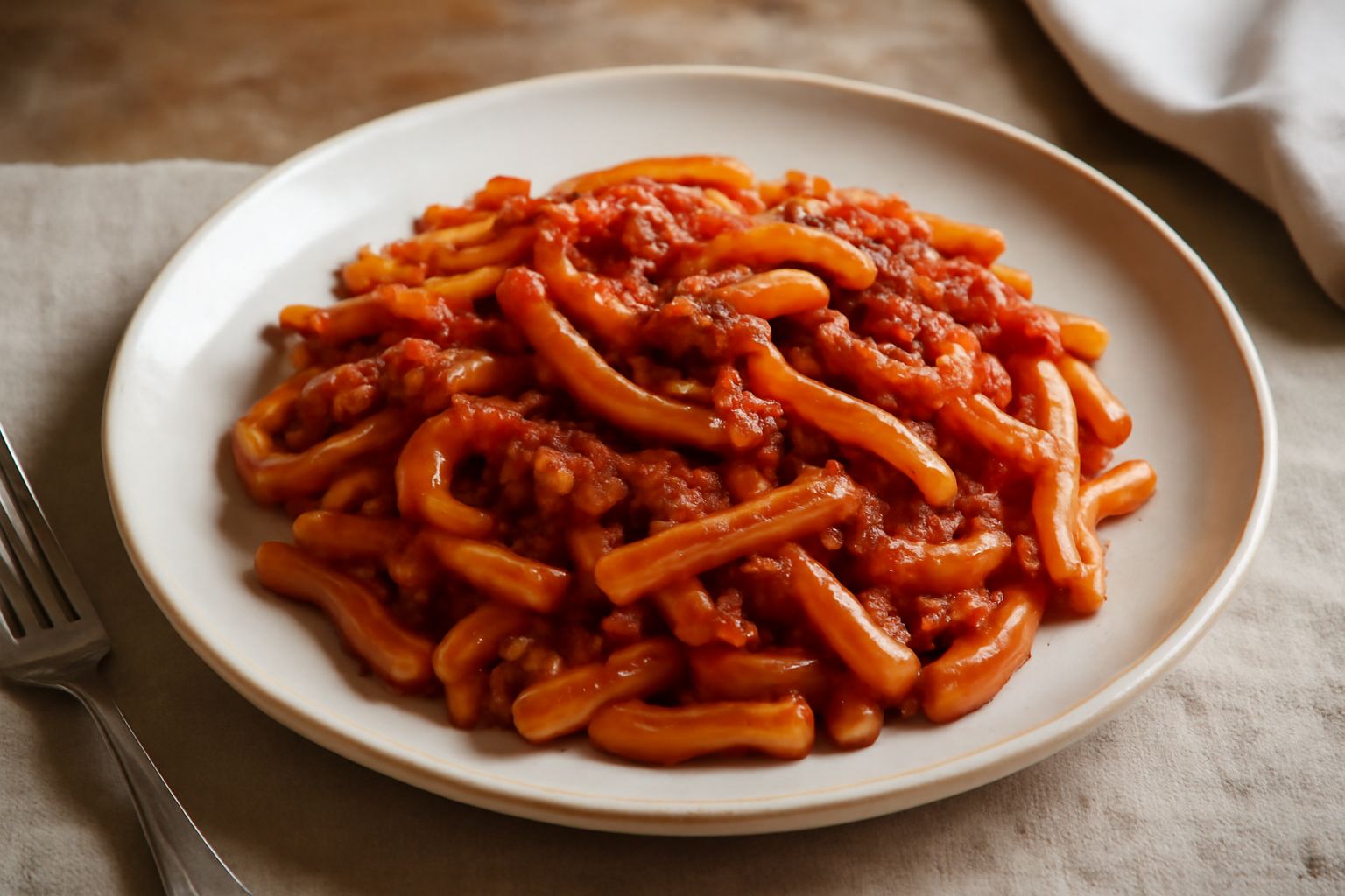 Piatto di casarecce al ragù calde con sugo di carne rosso scuro, spolverato di parmigiano grattugiato bianco, accompagnato da un bicchiere di vino rosso su tavolo in legno