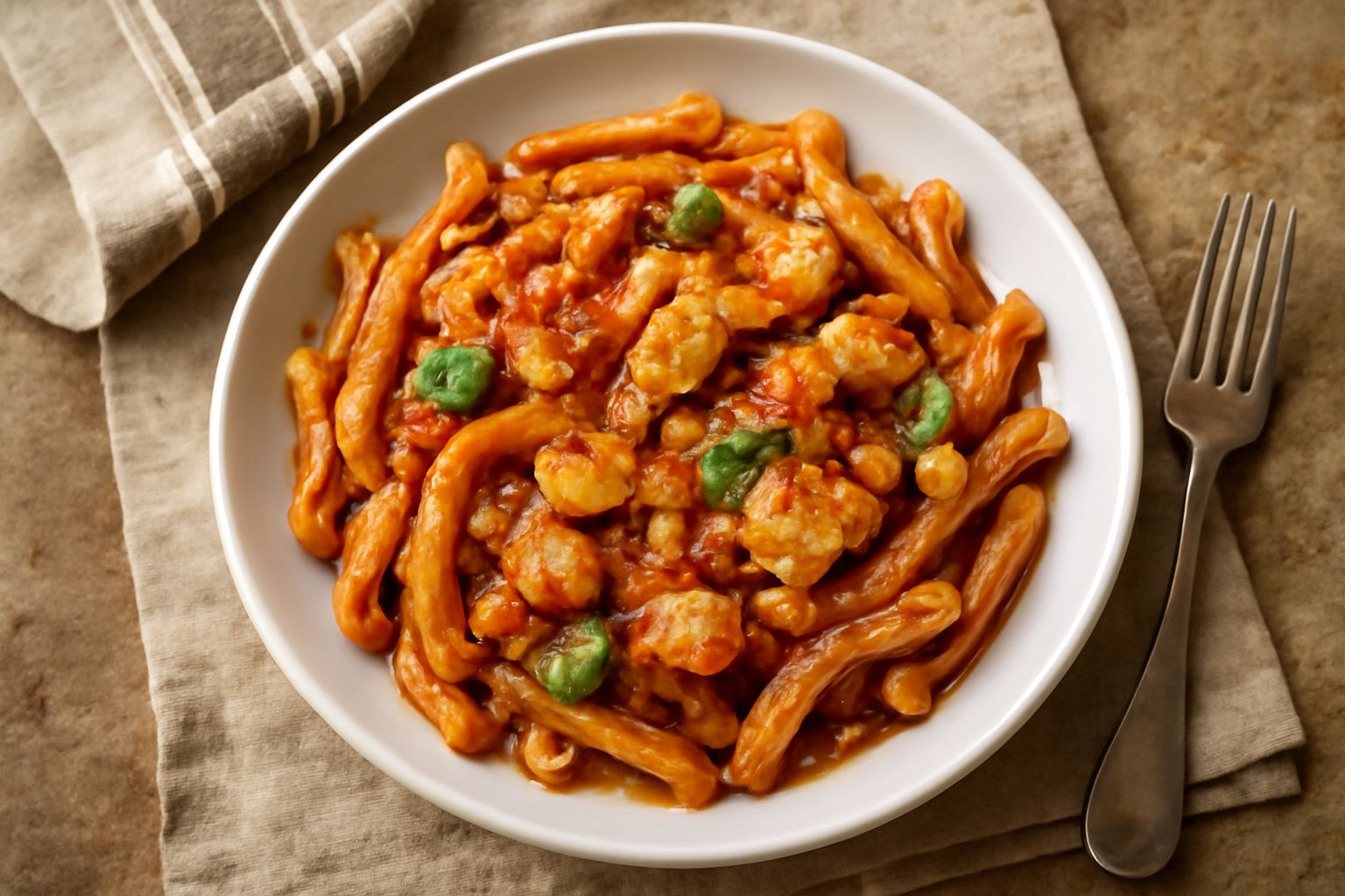 Casarecce al sugo di pesce servite in piatto bianco, pasta ricoperta di sugo rosso con filetti di pesce bianco, dadini di pomodoro fresco, prezzemolo verde e una spruzzata di olio d'oliva