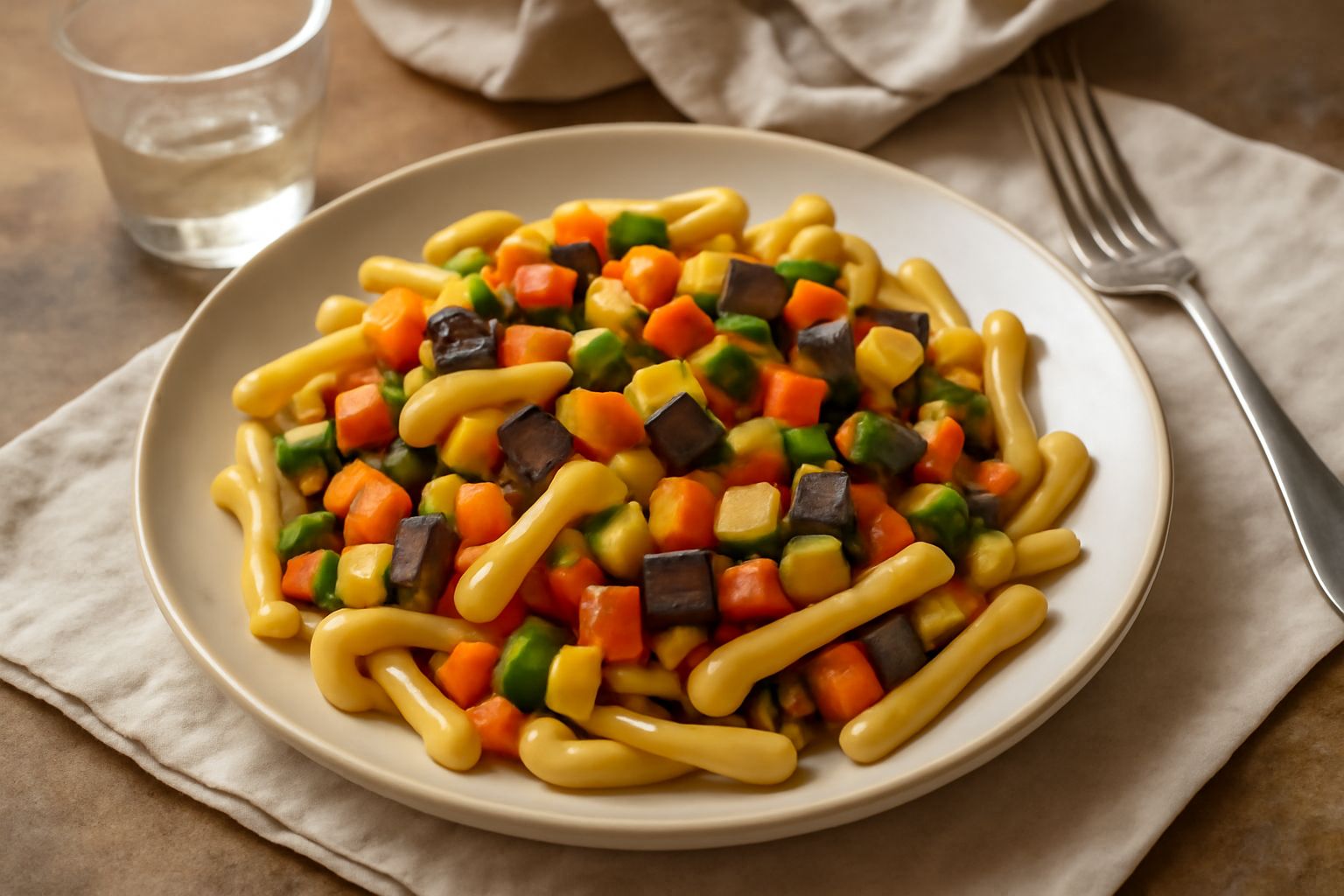 Casarecce in bianco condite con zucchine verdi, carote arancioni, melanzane grigie e pomodori rossi, impiattate in una ciotola bianca, decorate con prezzemolo fresco