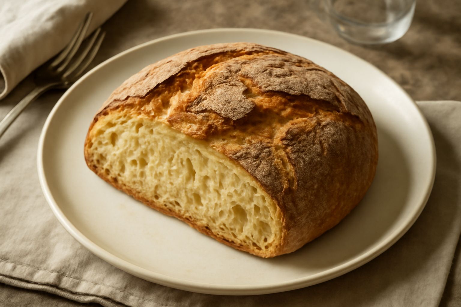 Pagnotta di pane casareccio dorato con crosta rugosa e screpolature, poggiata su carta bianca, mostra la mollica crema all'interno con alveoli irregolari