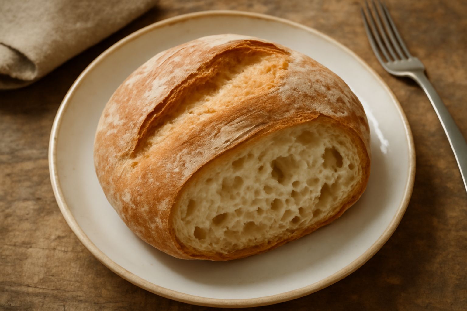 Casareccio romano appena sfornato, pane toscano di forma rotonda con crosta dorata e screpolature sulla superficie, tagliato a meta mostrando l'interno bianco e alveolato, su tavolo di legno rustico