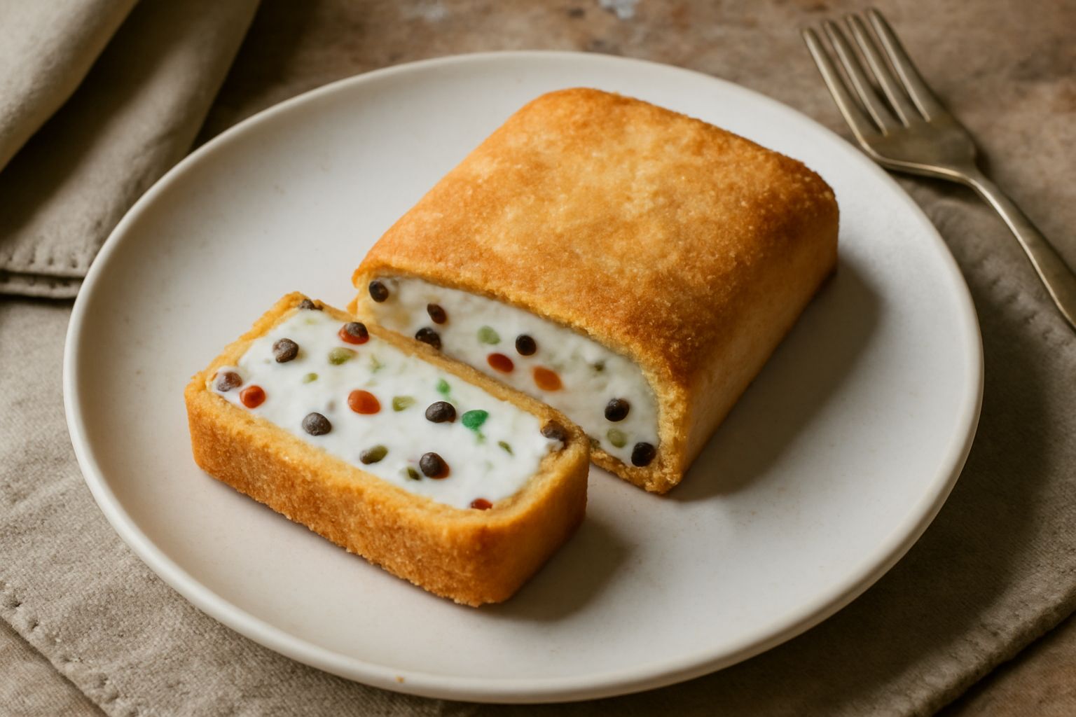 Casareccio siciliano intero su piatto bianco, pasta frolla dorata e croccante, sezione che mostra il ripieno bianco di ricotta con pezzetti di canditi verdi e rossi, una fetta servita accanto con rico
