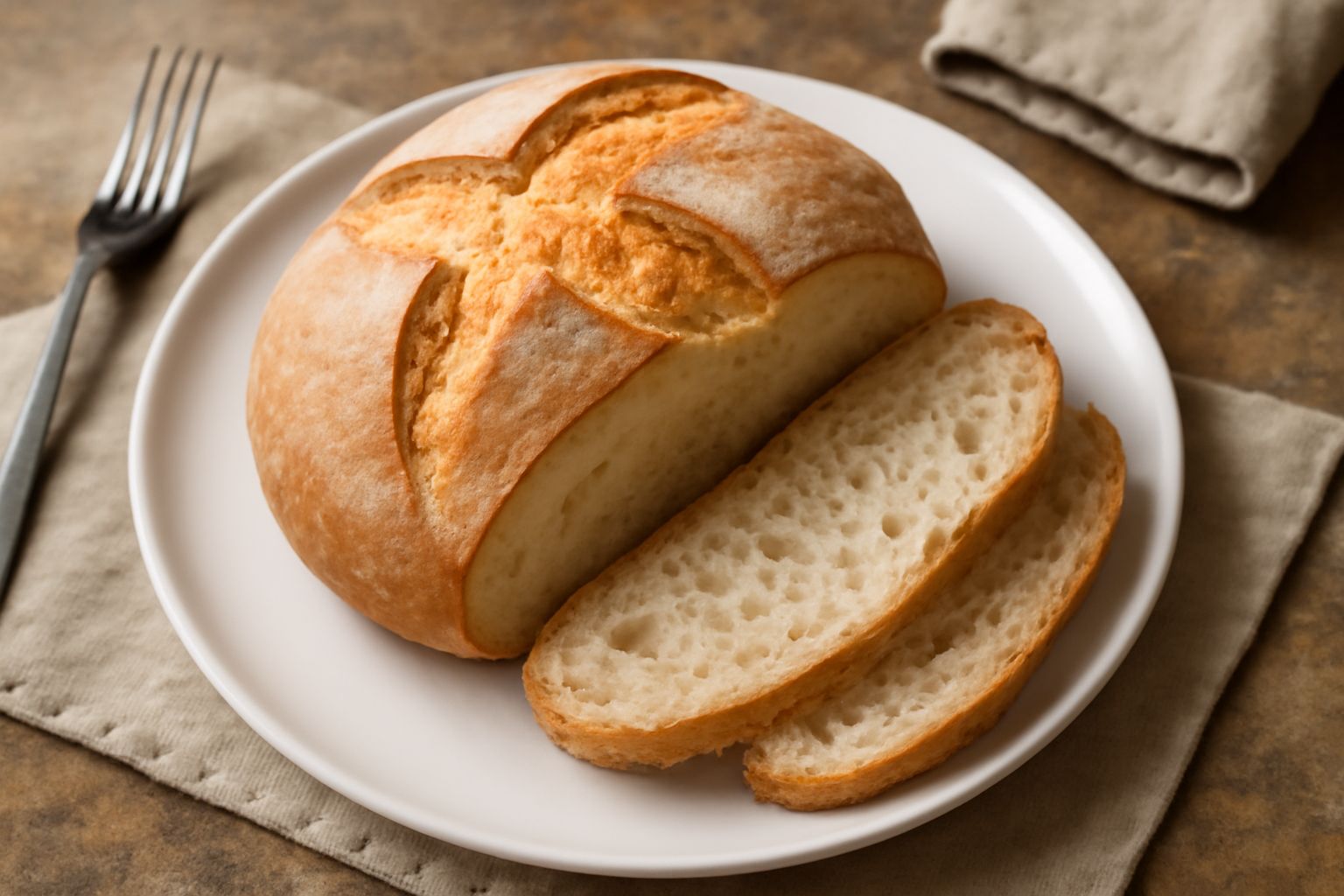 Pane casareccio veneto tondo con crosta dorata e screpolature, tagliato a metà per mostrare la mollica morbida e bianca, su tavolo di legno con farina sparsa