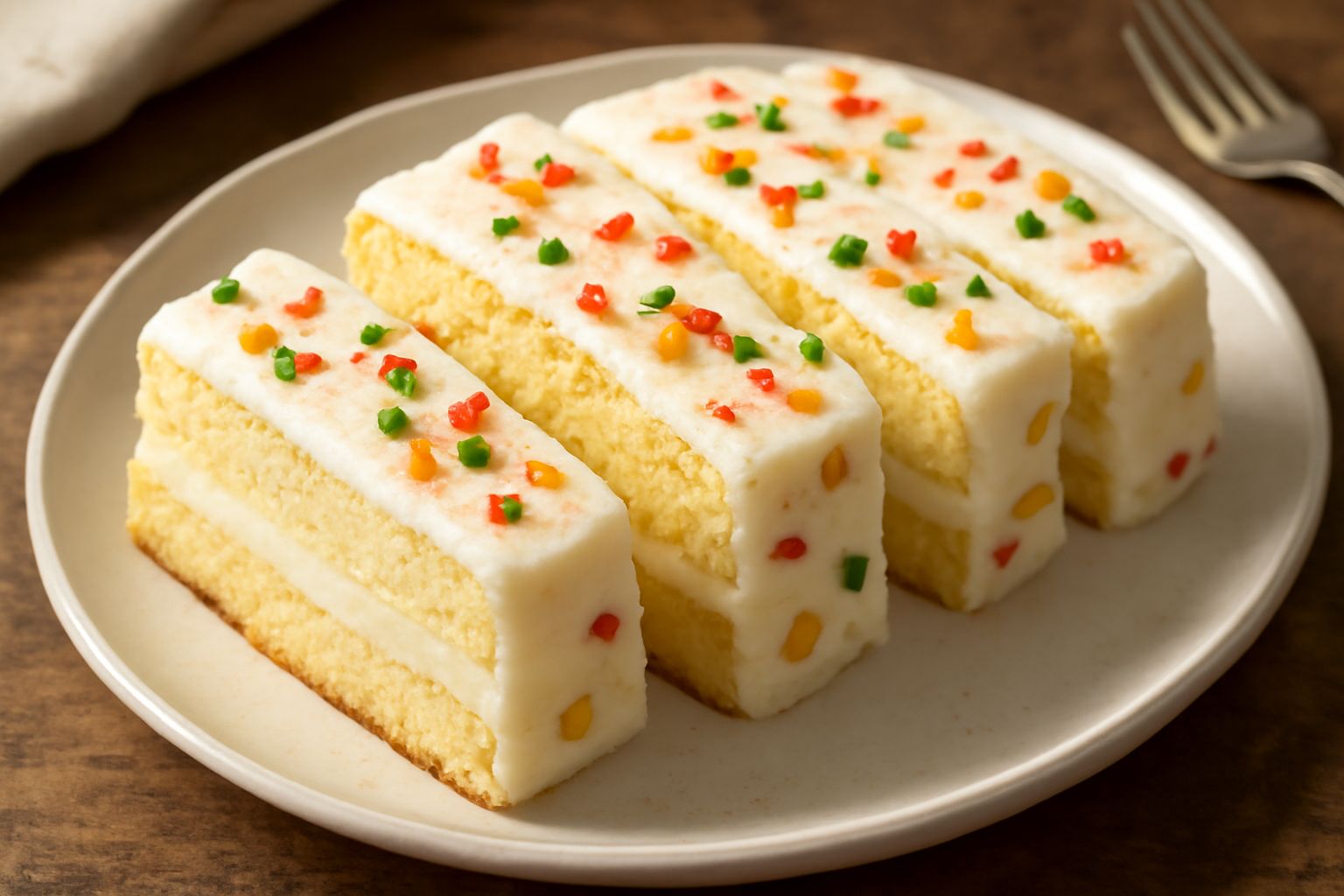 Fette di casatella affettata disposte nel piatto bianco, visibile la stratificazione di pan di spagna giallo, crema pasticcera bianca e frammenti di frutta candita multicolore sulla superficie