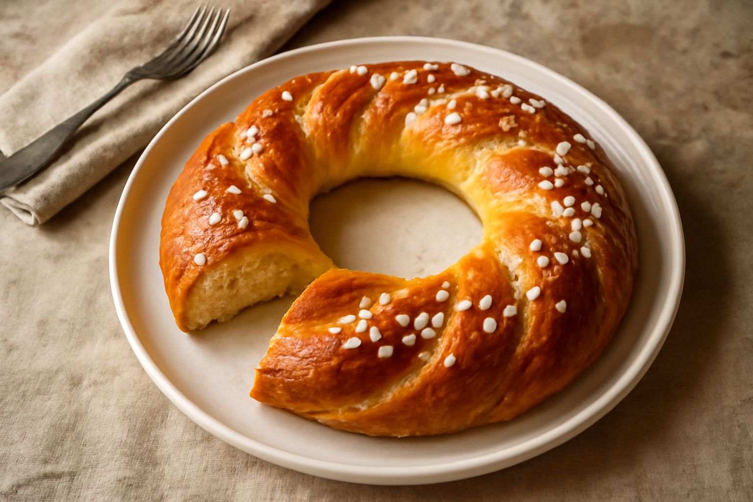 Casatello modenese dorato a forma di ciambella intrecciata, posto su un piatto bianco con una tazza di caffè e una tovaglia di lino grigio