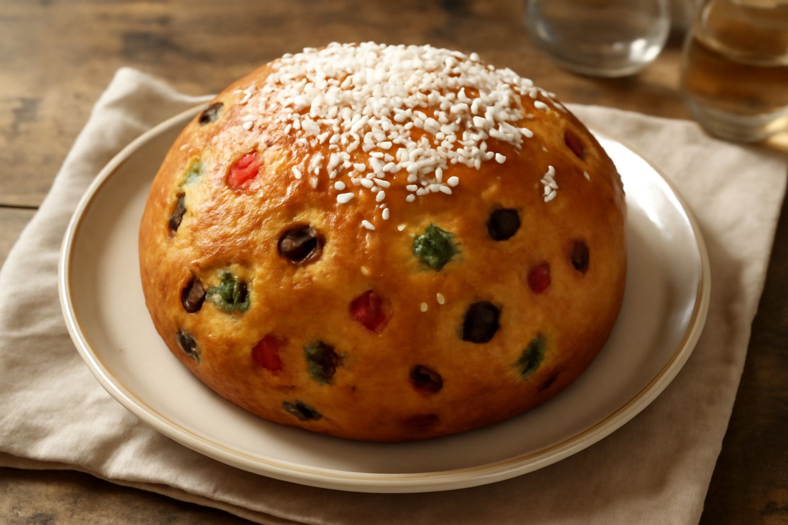Casatiello dolce di forma tonda e bombata, con superficie dorata e lucida, canditi rossi e verdi visibili in superficie, guarnito con granella di zucchero bianco, affettato nel mezzo mostrando l'inter