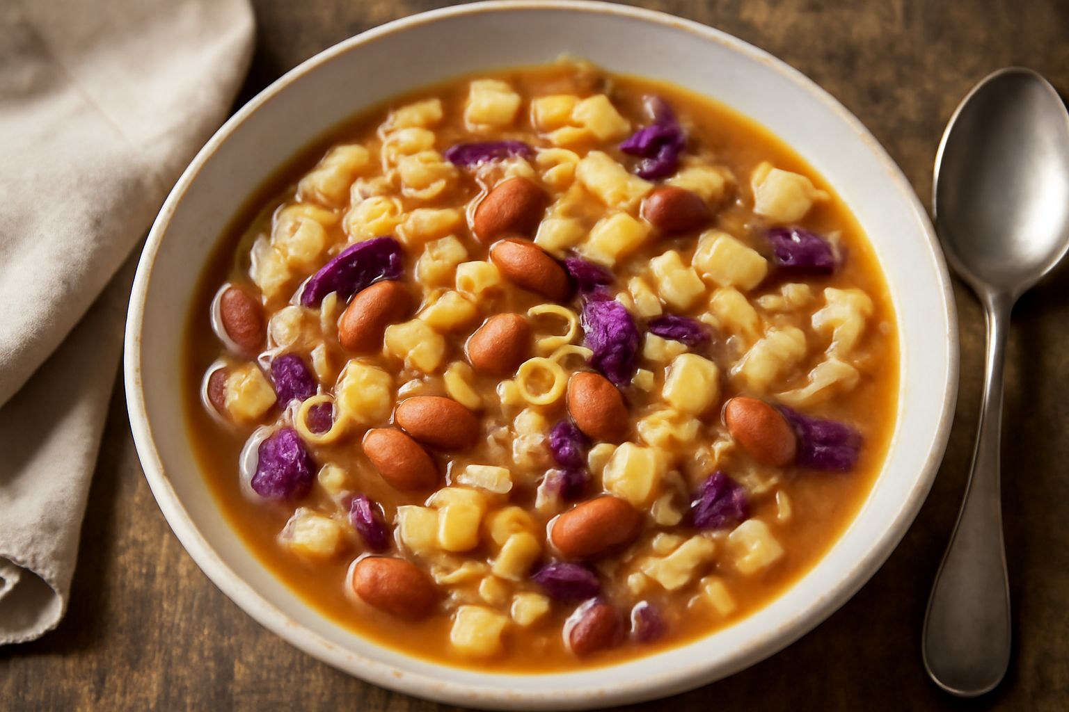 Un piatto fondo di ceramica con cascioeula: pasta corta mescolata a fagioli borlotti rossi, cubetti di cavolo viola e bianco, cipolla dorata, in un brodo cremoso beige, con gocce d'olio in superficie 