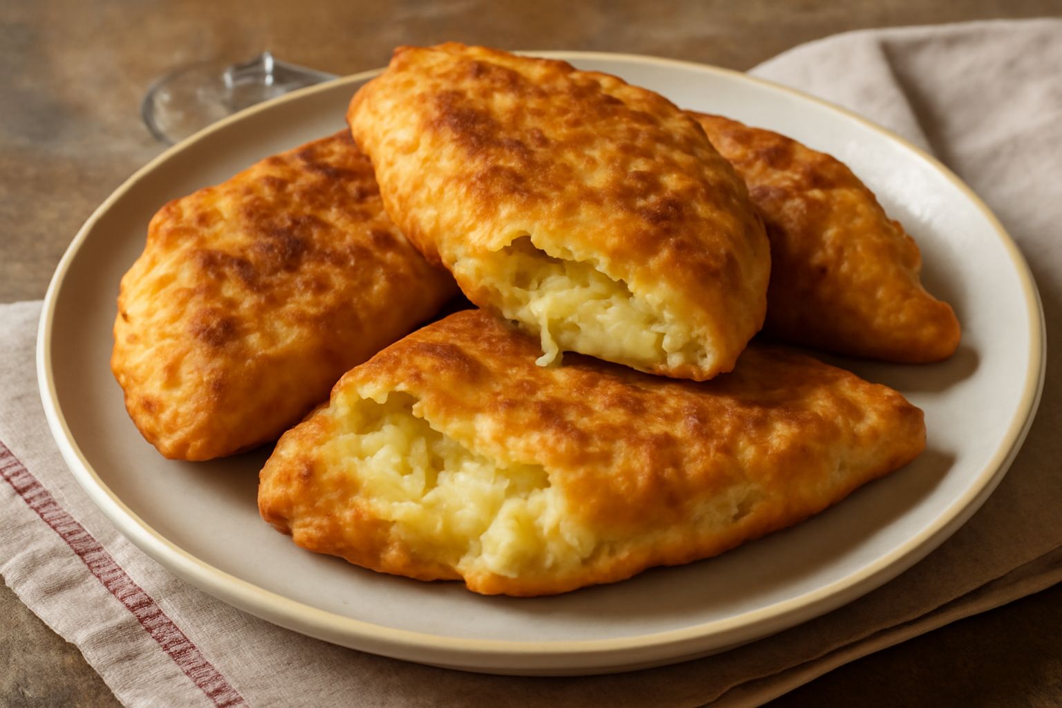 Cascioni dorati e croccanti appena fritti, disposti su carta assorbente, con patate e formaggio filante visibile dalla rottura di uno di essi, contorno di olio brillante