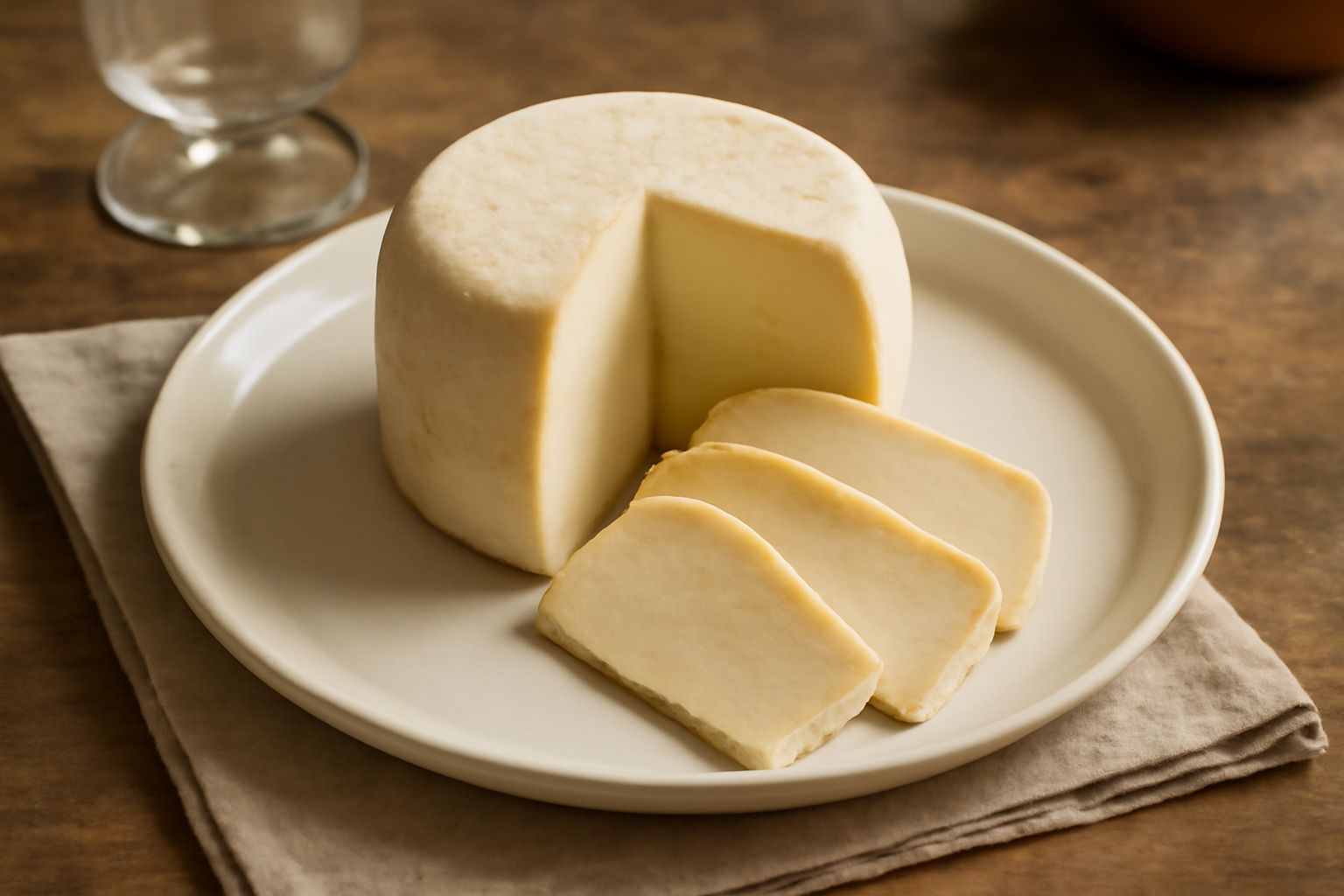 Casciotta con crosta bianca e pasta cremosa beige, affettata su un piatto bianco, con accompagnamento di pane tostato e miele nel sottofondo