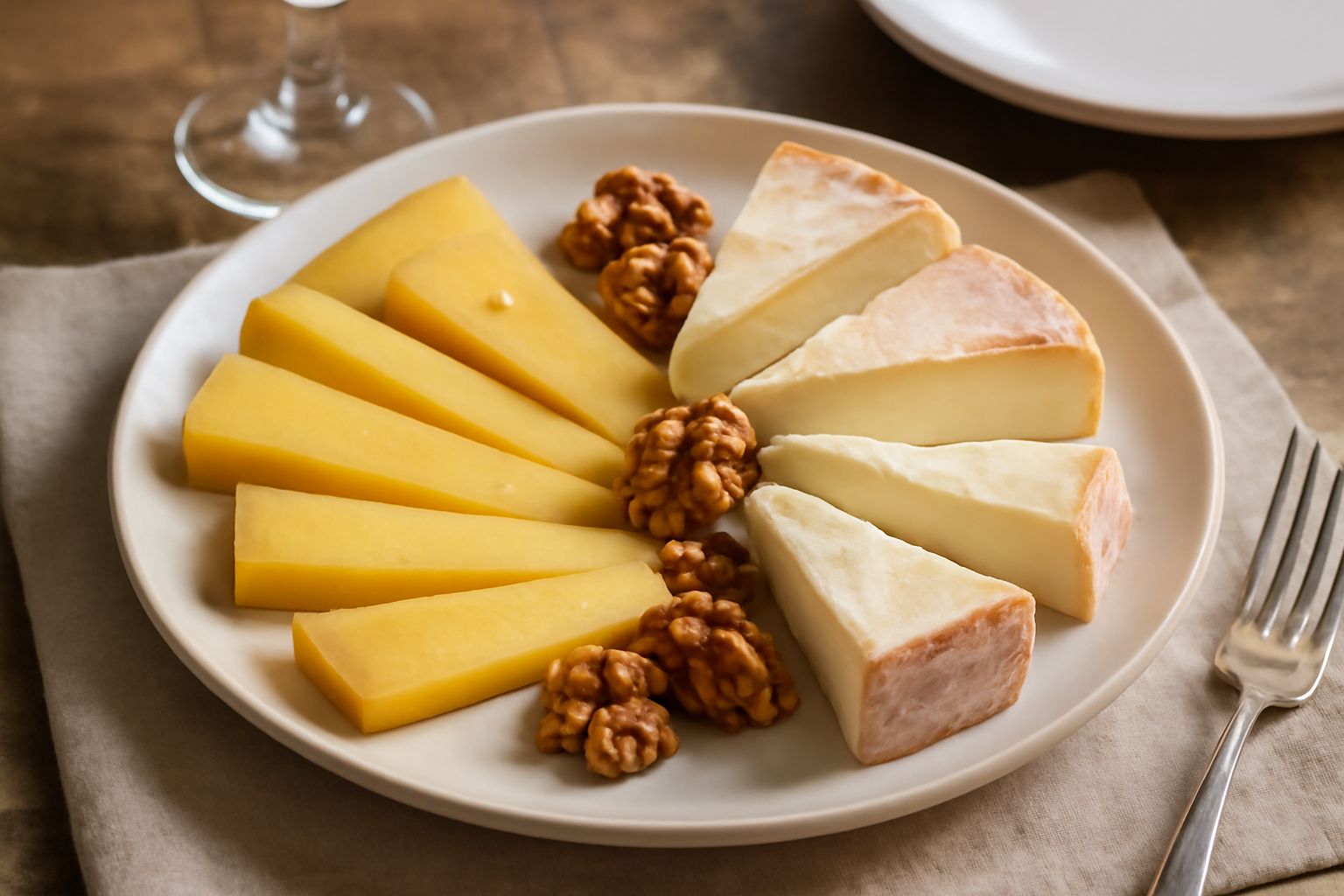 Tavolozza di formaggi con fette di Casera dal colore paglierino, Taleggio cremoso color avorio e sfumature rosate sulla crosta, accompagnati da noci e pane tostato su un piatto bianco