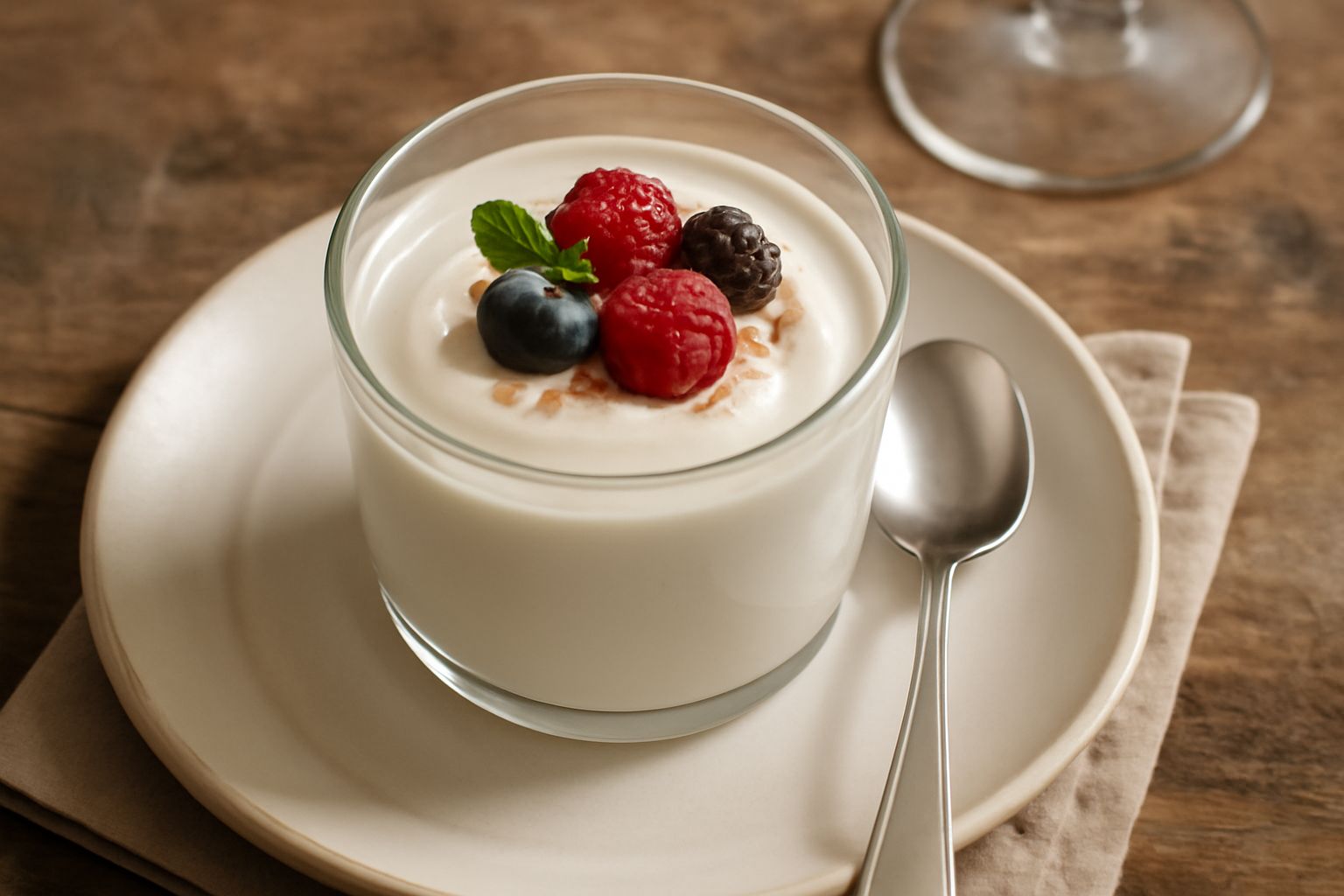 Bicchiere trasparente riempito di crema bianca e cremosa, guarnito con fragole rosse fresche, con un cucchiaio accanto sul tavolo bianco
