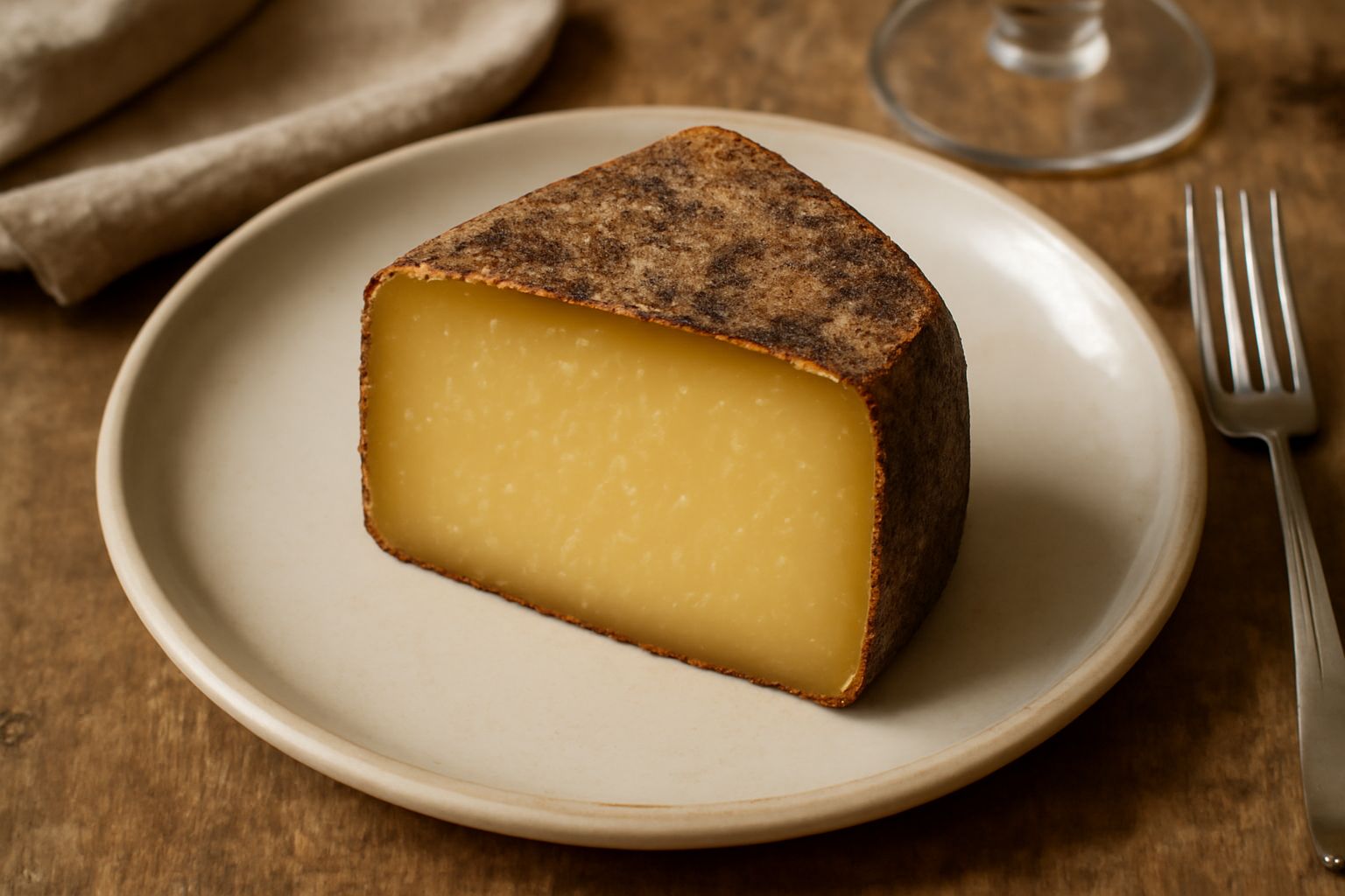 Fetta di casera stagionata giallo paglierino con cristalli bianchi visibili e crosta marrone scuro su tavola di legno, con sfondo di pane nero e noci