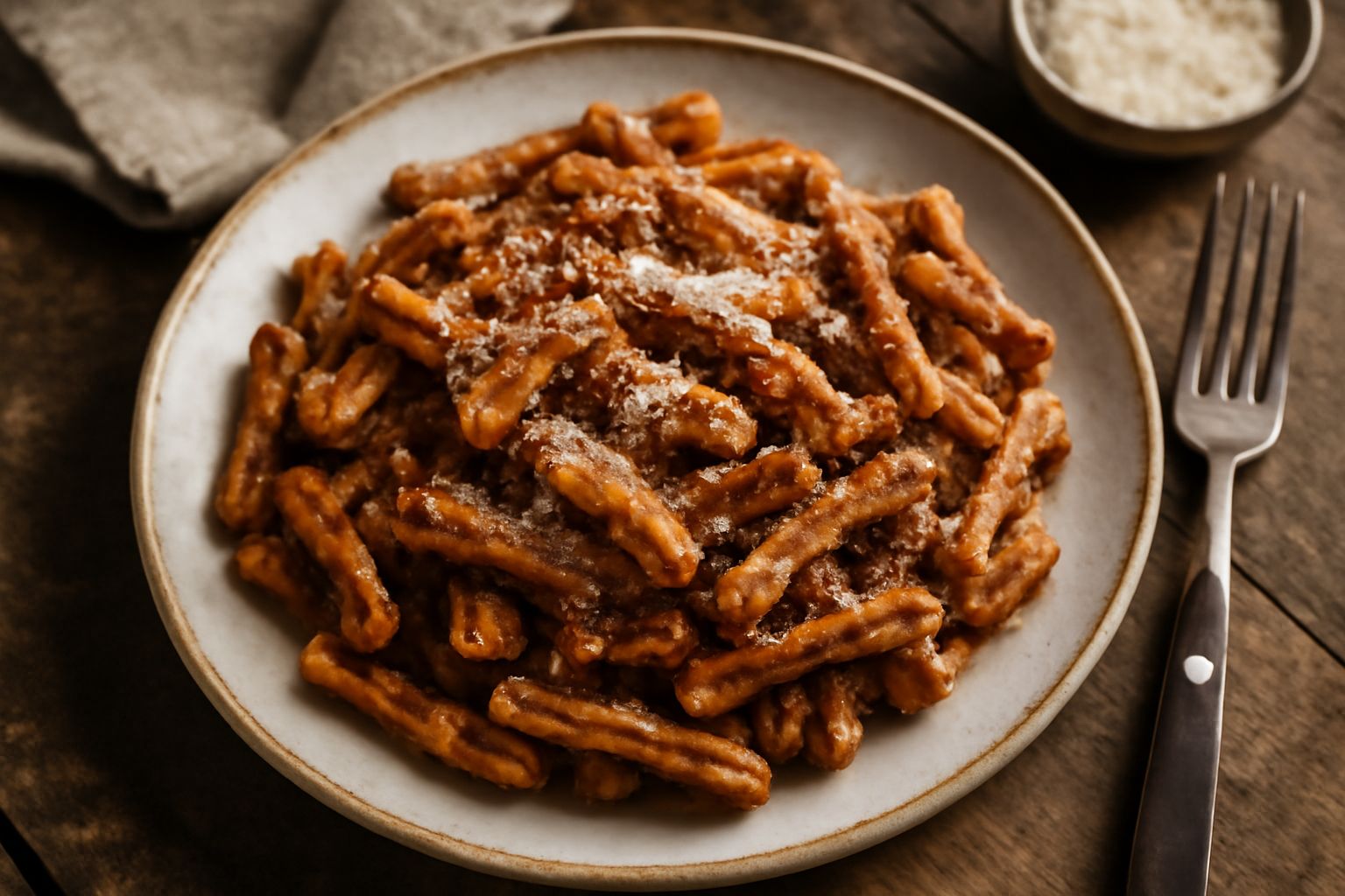 Piatto di caserecce al ragù servito in una ciotola bianca, pasta marrone scuro avvolta dal ragù cremoso, granelli di parmigiano reggiano grattugiato in superficie, forchetta con tre caserecce al ragù,
