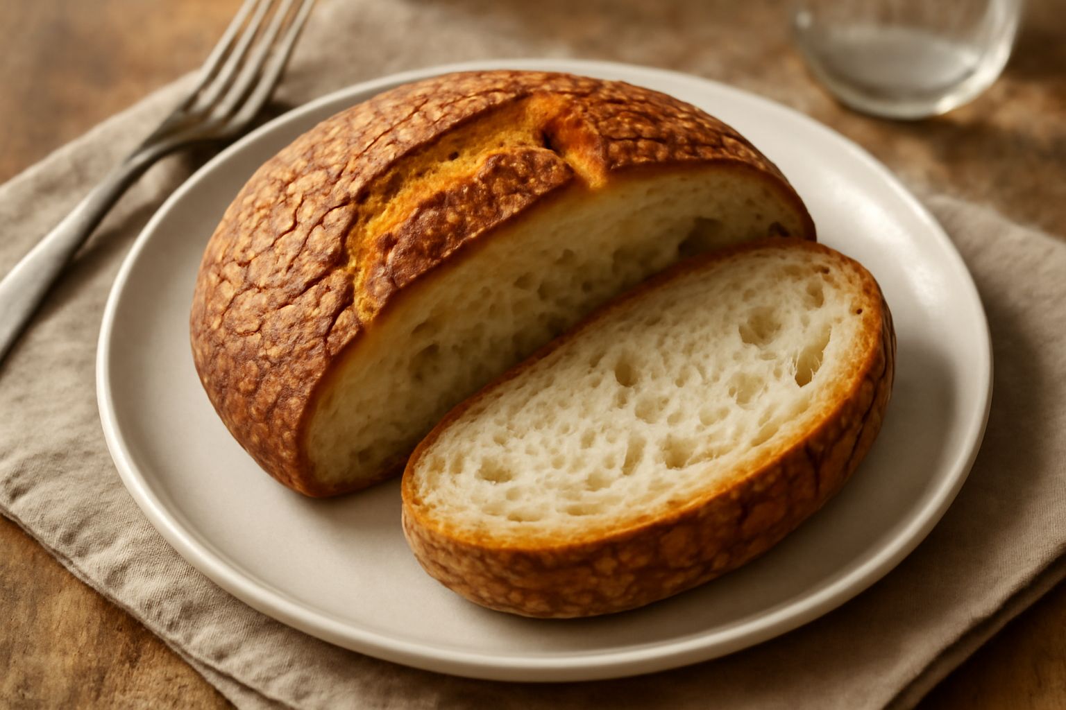 Pane casereccio appena sfornato, di forma ovale, con crosta dorata e screpolature in rilievo, posato su una tavola di legno bianca accanto a una tela di lino naturale