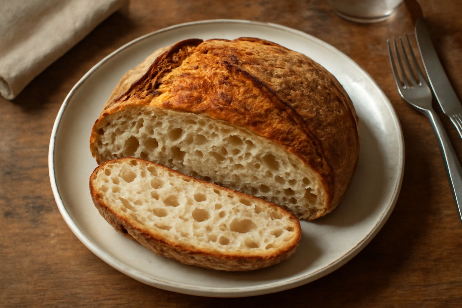 Pane casereccio vibonese intero con crosta dorata e screpolature tipiche, tagliato a metà mostrando la mollica bianca e alveolata, posato su tela di lino bianca con spighe di grano accanto