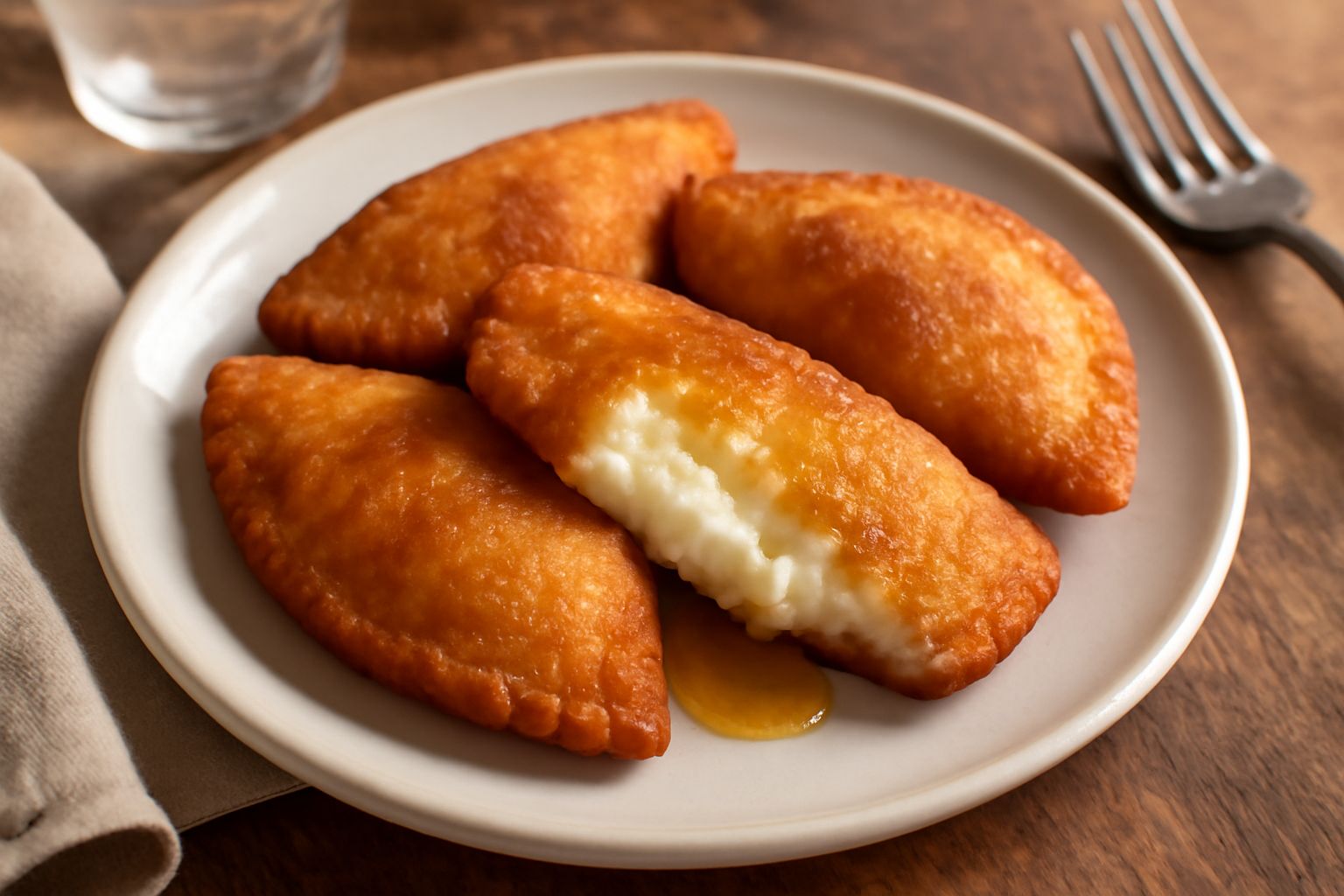 Casizolu cun oes disposti su un piatto bianco, fritti color oro, ricoperti di miele cristallizzato, con spicchi di formaggio fresco visibile nel ripieno e una spruzzata di zucchero a velo
