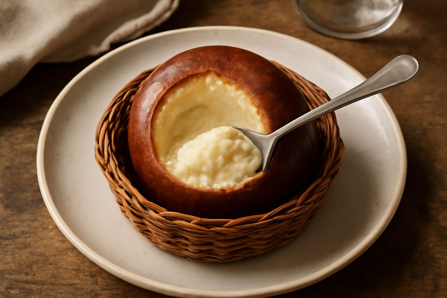 Ricotta affumicata casizolu in una forma di vimini, colore marrone nocciola, superficie affumicata, posta su un panno di lino bianco con sfondo di legno invecchiato