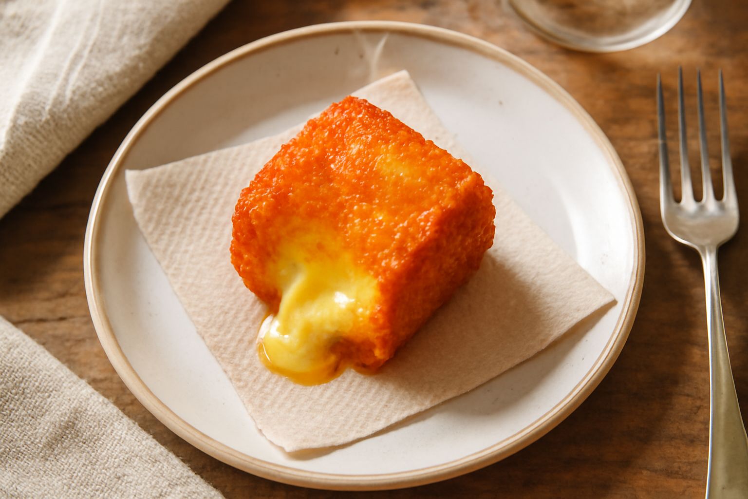 Cubetti di formaggio sardo fritto dorato, disposti su carta assorbente bianca, leggermente oleosi, con panatura croccante visibile e spaccature che mostrano il ripieno filante di miele