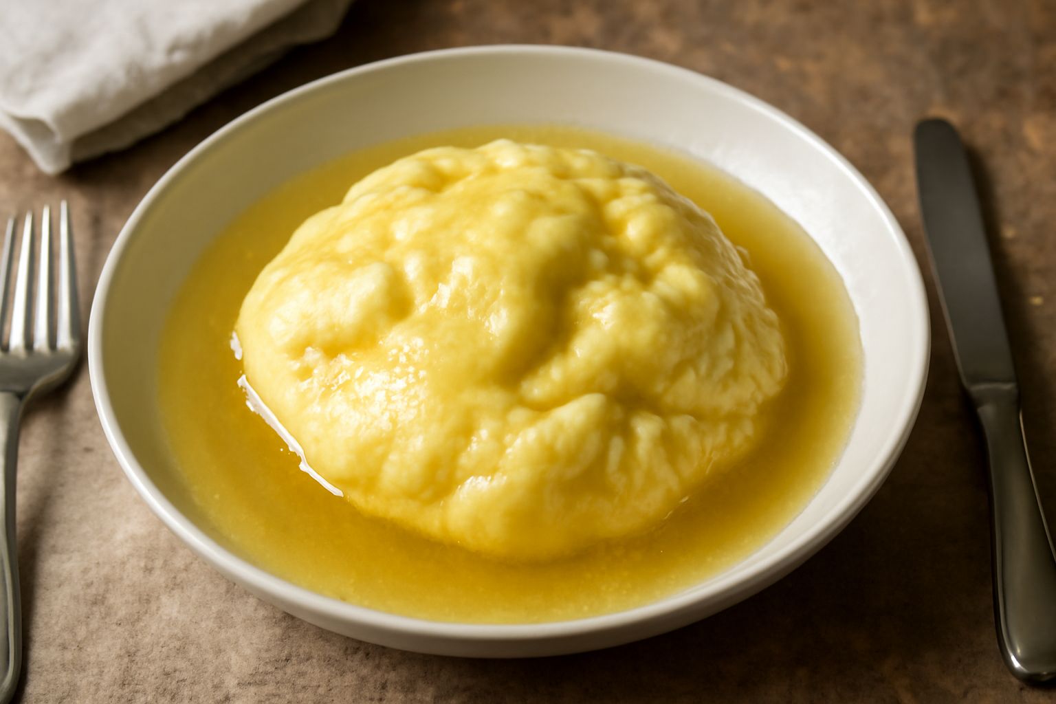 Ciotola di ceramica bianca con «casizolu in umidu» color giallo crema immerso in brodo trasparente caldo, decorato con pepe nero macinato fresco e fili di peperoncino, cucchiaio d'argento a lato