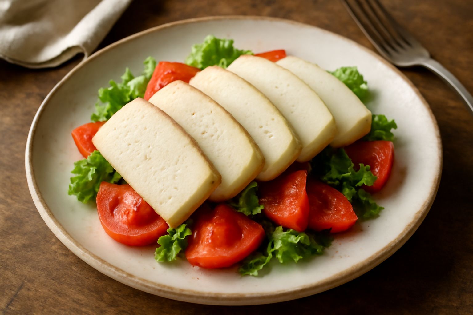Casizolu Saladu affettato in piatto bianco, pasta di colore avorio con striature leggere, servito con pane tostato scuro e un bicchiere d'acqua fredda in sottofondo