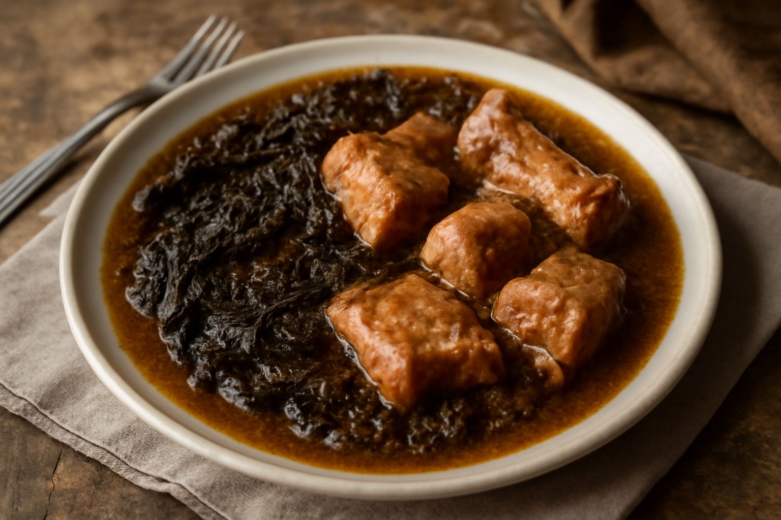Casoeula in pentola di coccio, verza scura stufata con pezzi visibili di carne di maiale, colore marroncino scuro, con vapore, servita con cucchiaio di legno