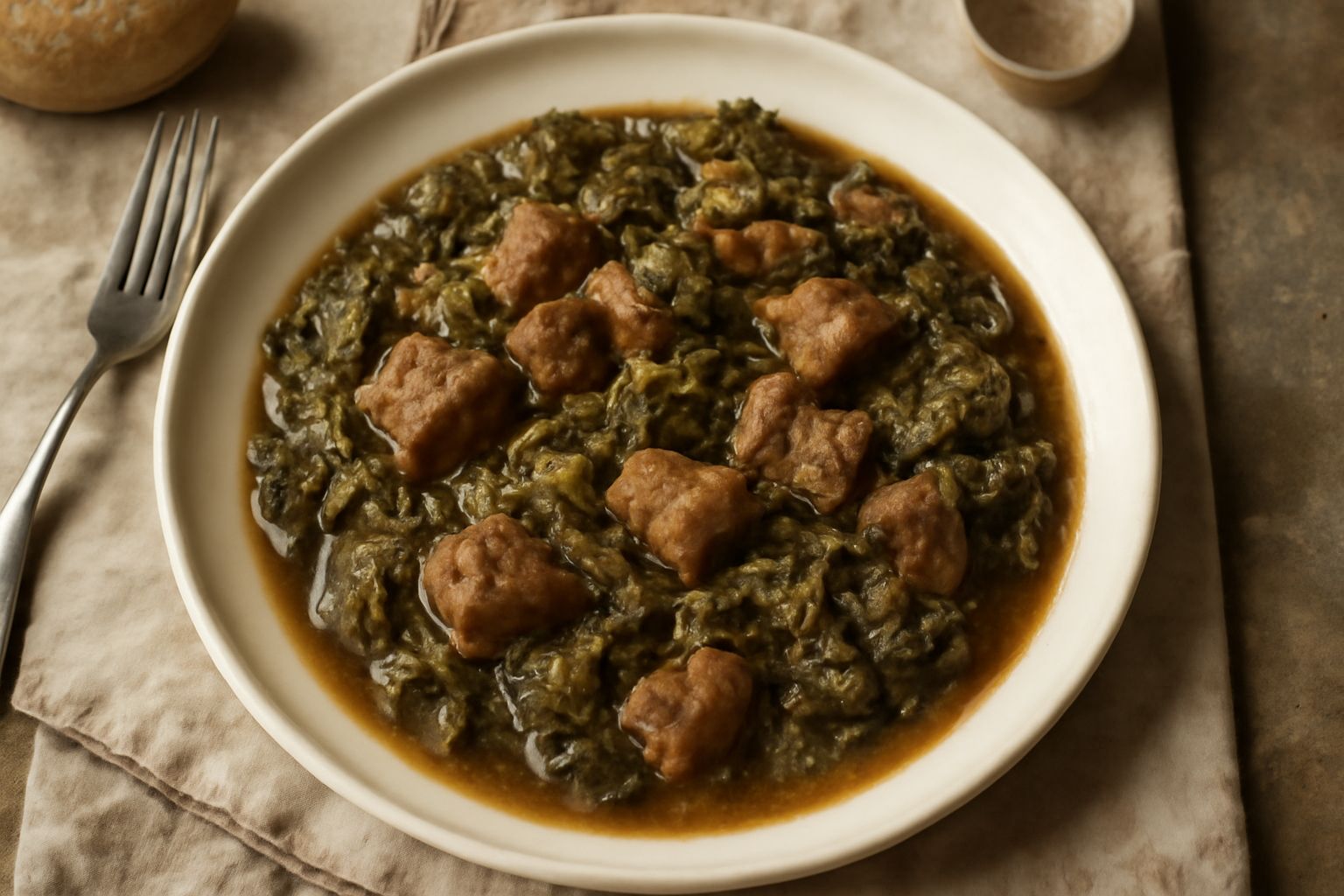 Casoeula bresciana in ciotola di ceramica: verza verde scuro e pezzetti di carne rosso scuro in brodo denso, guarnita con un filo di olio, ripresa dall'alto con pane tostato accanto