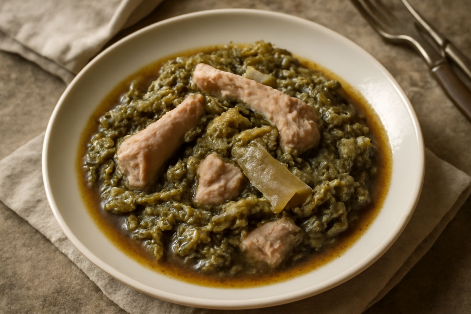 Casoeula in ciotola di ceramica bianca: verza verde cuocia, pezzi di carne e cotennello, con sugo scuro, accompagnata da fette di polenta gialla a lato su tavolo di legno