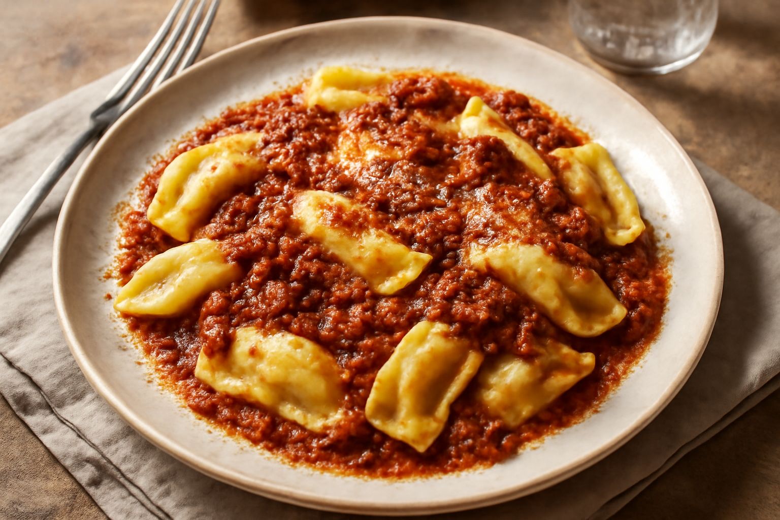 Casoncelli rettangolari di pasta all'uovo su fondo bianco, conditi con ragù rosso scuro e grattugiati di parmigiano, con una forchetta accanto
