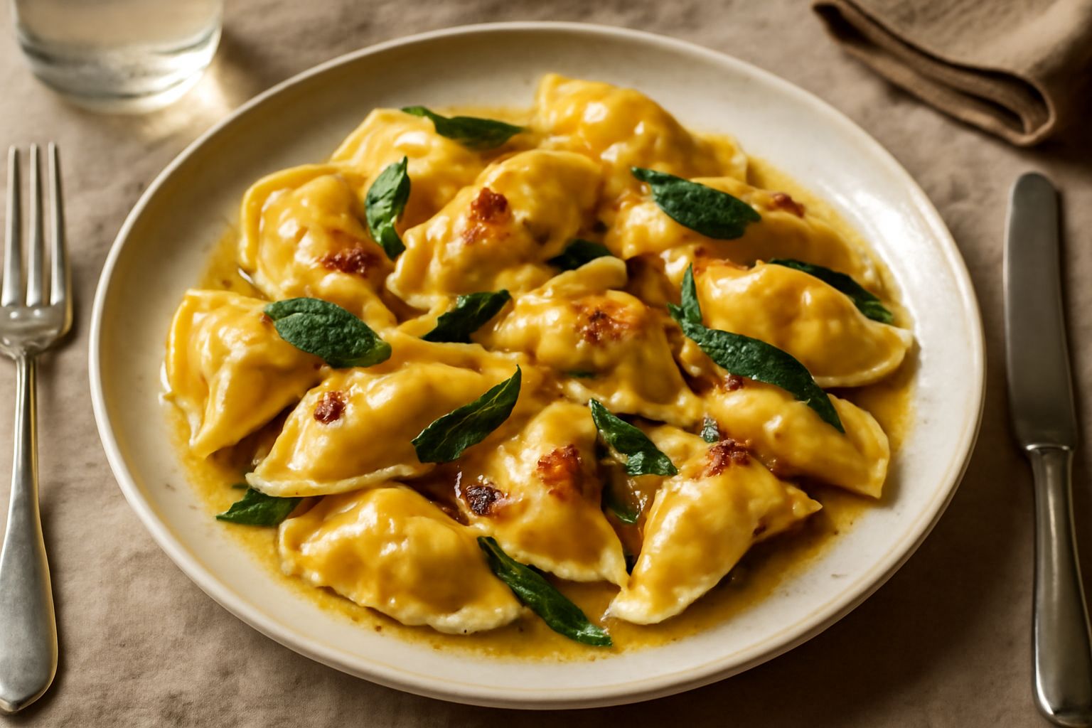 Casoncelli appena cotti su un piatto bianco, di forma mezzaluna, ricoperti di burro fuso e foglie di salvia fresca, con riflessi dorati della salsa
