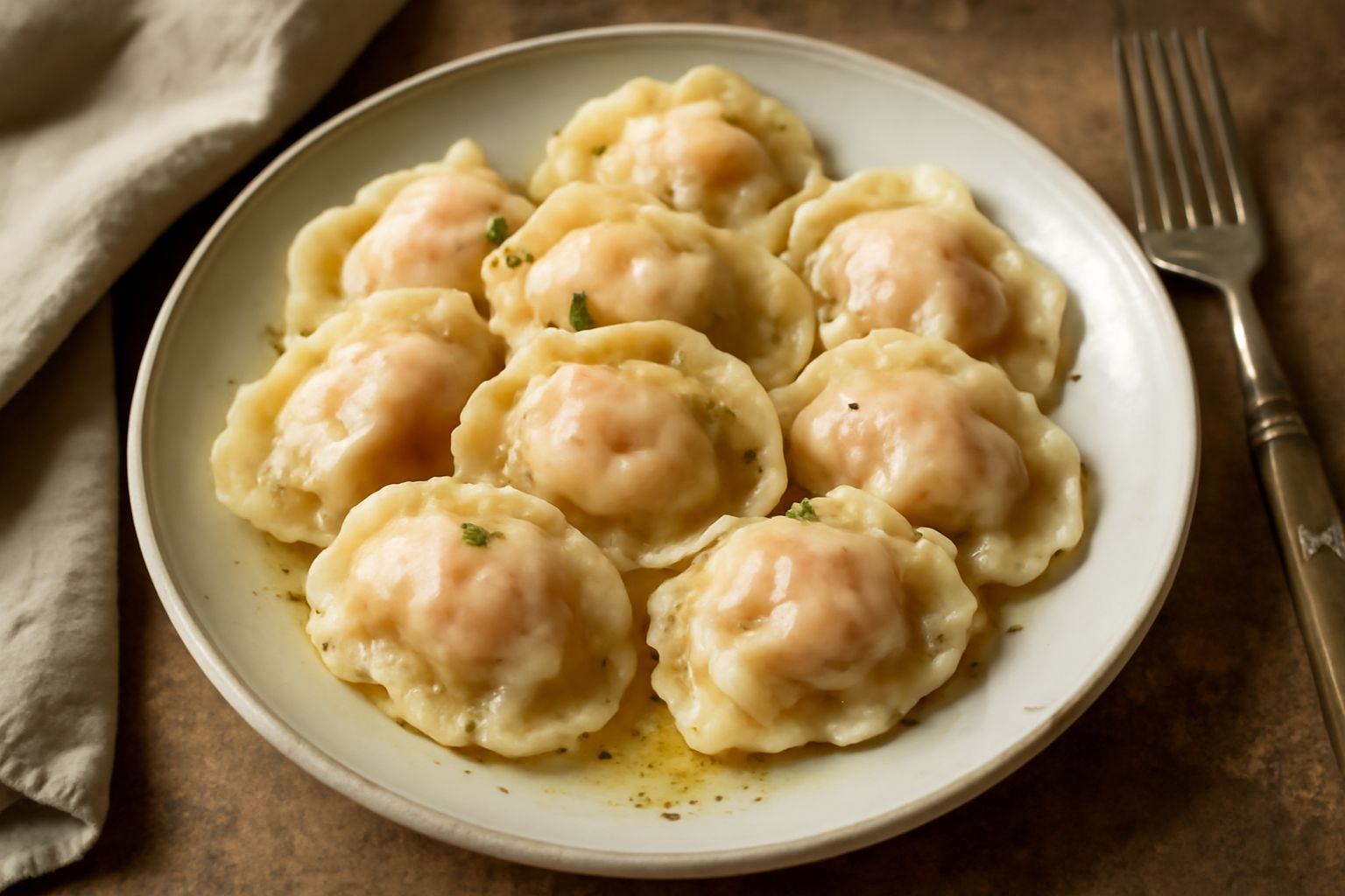 Casoncelli altamurani appena cotti su un piatto bianco, pasta beige pallido, ripieni che si intravedono dalla trasparenza, spolverati di formaggio grattugiato e pepe nero, vapore leggero intorno