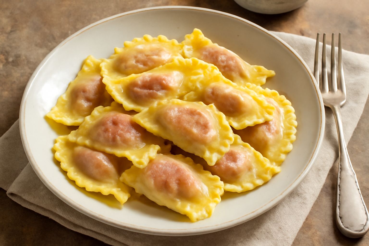 Casoncelli astigiani disposti nel piatto bianco, ricoperti di burro fuso e foglie di salvia fresca, con una grattugiata di parmigiano reggiano e grana grattugiato visibile sulla superficie