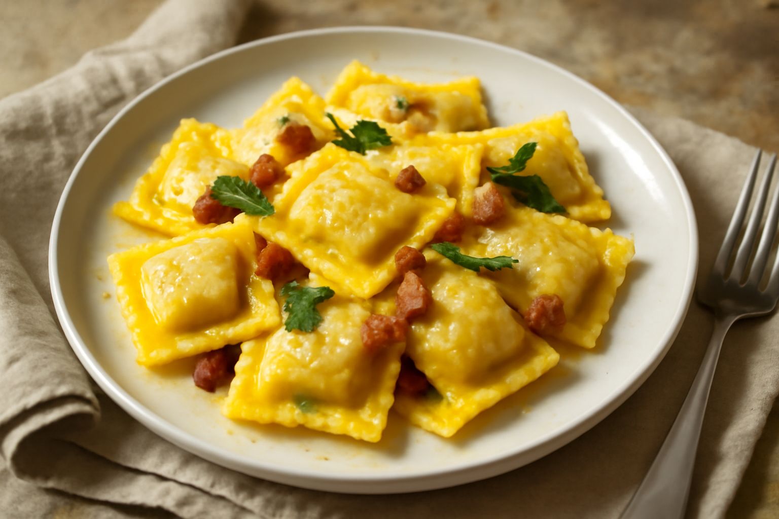 Casoncelli beneventani serviti in piatto bianco con salsa di pomodoro, formaggio grattugiato sopra, pasta color avorio e ripieno di carne visibile da una sezione