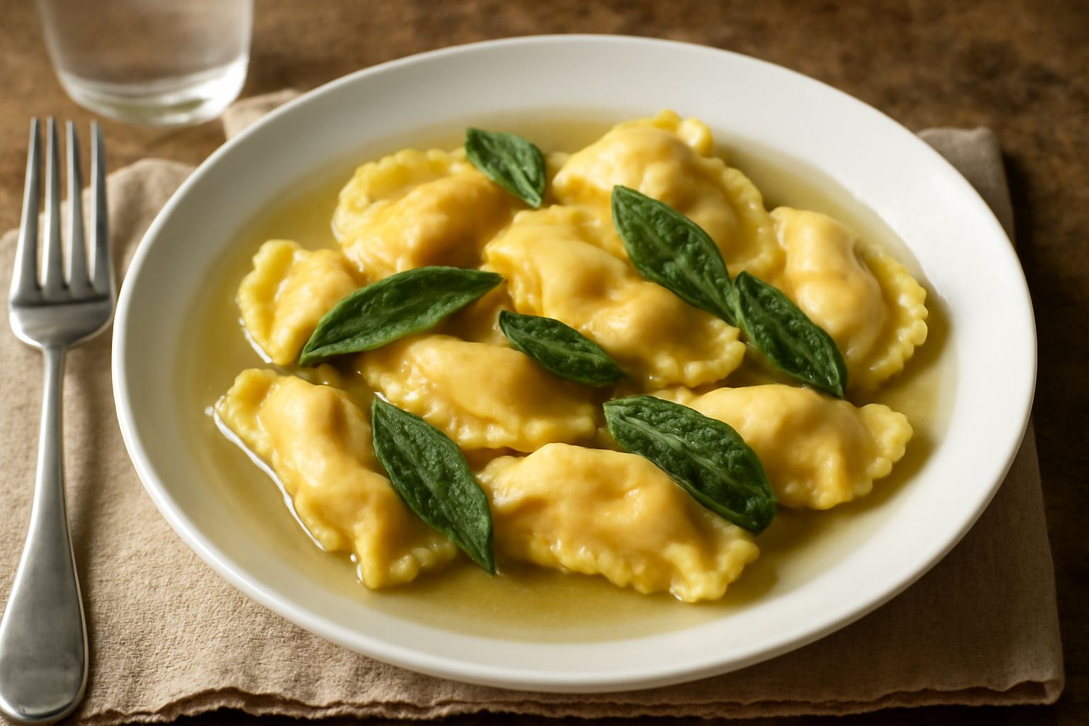 Piatto di casoncelli bresciani in brodo caldo, ravioli ripieni color ocra con bordi arricciati, guarniti con salvia fresca e una sbriciolata di parmigiano grattugiato