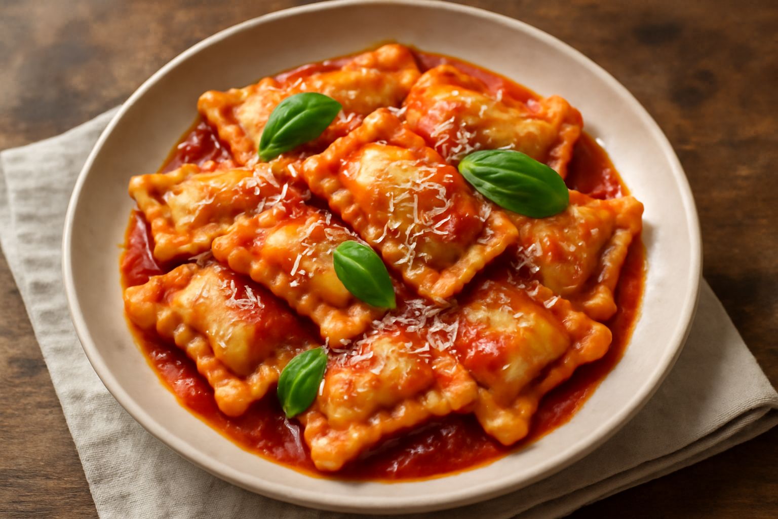Casoncelli d'Agrigento su piatto bianco con sugo di pomodoro rosso brillante, formaggio grattugiato bianco, contorni verdi di basilico fresco e vapore ancora visibile sulla pasta