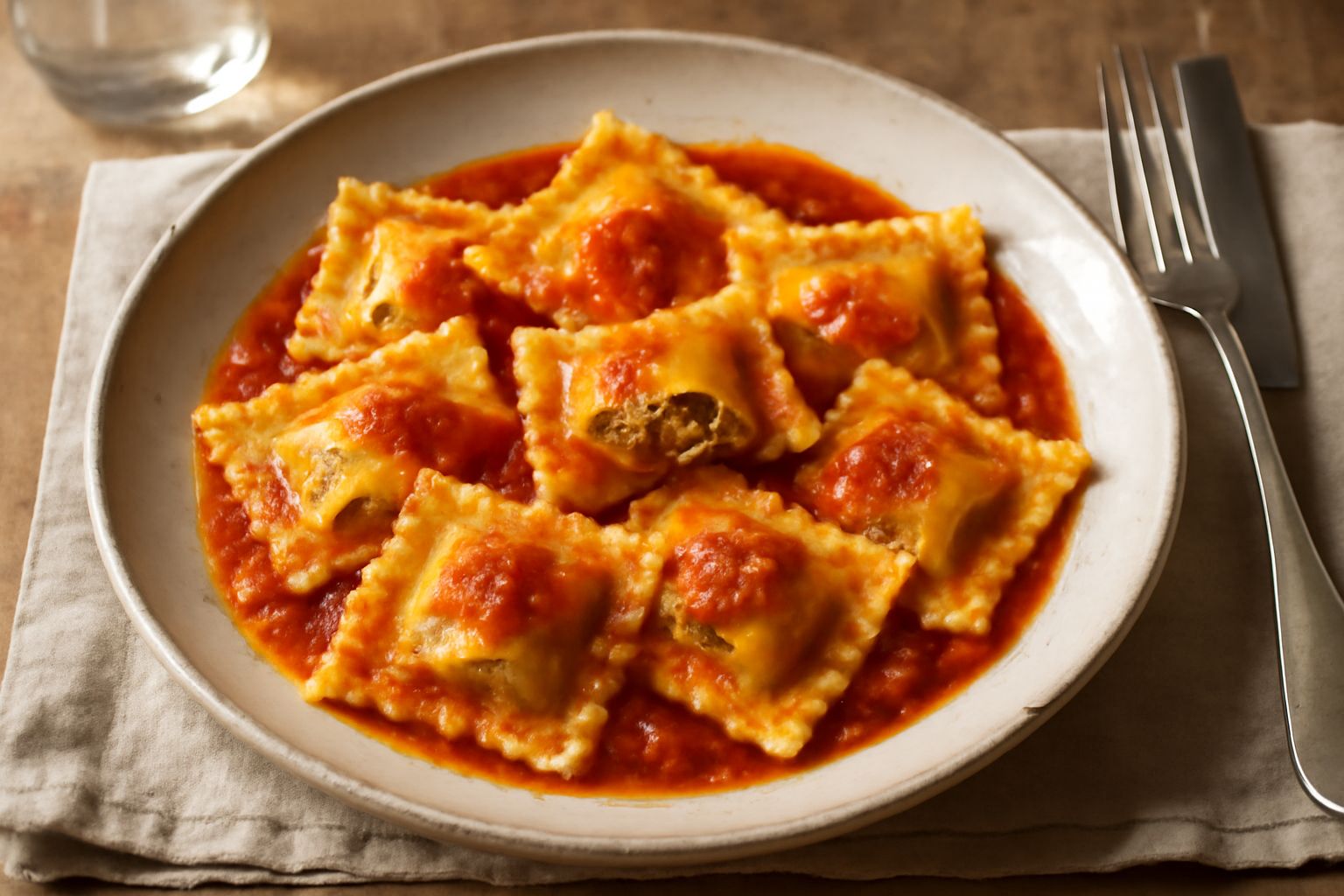 Piatto di casoncelli della Maremma in salsa di pomodoro, sei ravioli quadrati pieni di ripieno, guarniti con basilico fresco e grana grattugiato, vapore leggero dal piatto caldo