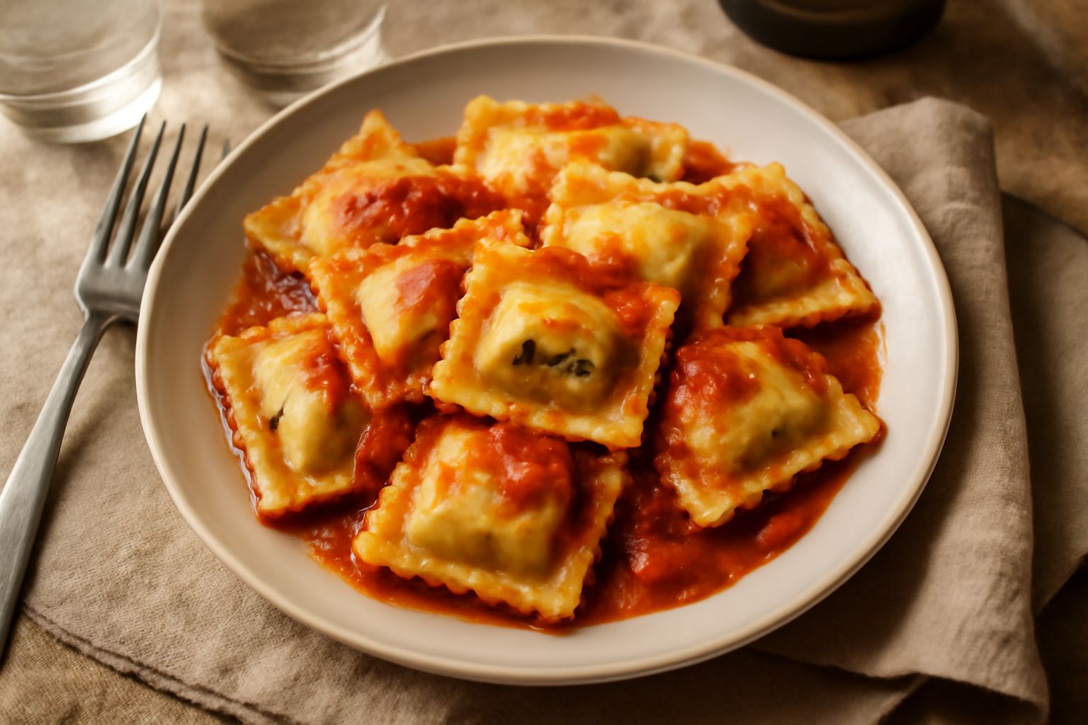 Piatto di casoncelli della Maremma in salsa di pomodoro, sei ravioli quadrati pieni di ripieno, guarniti con basilico fresco e grana grattugiato, vapore leggero dal piatto caldo