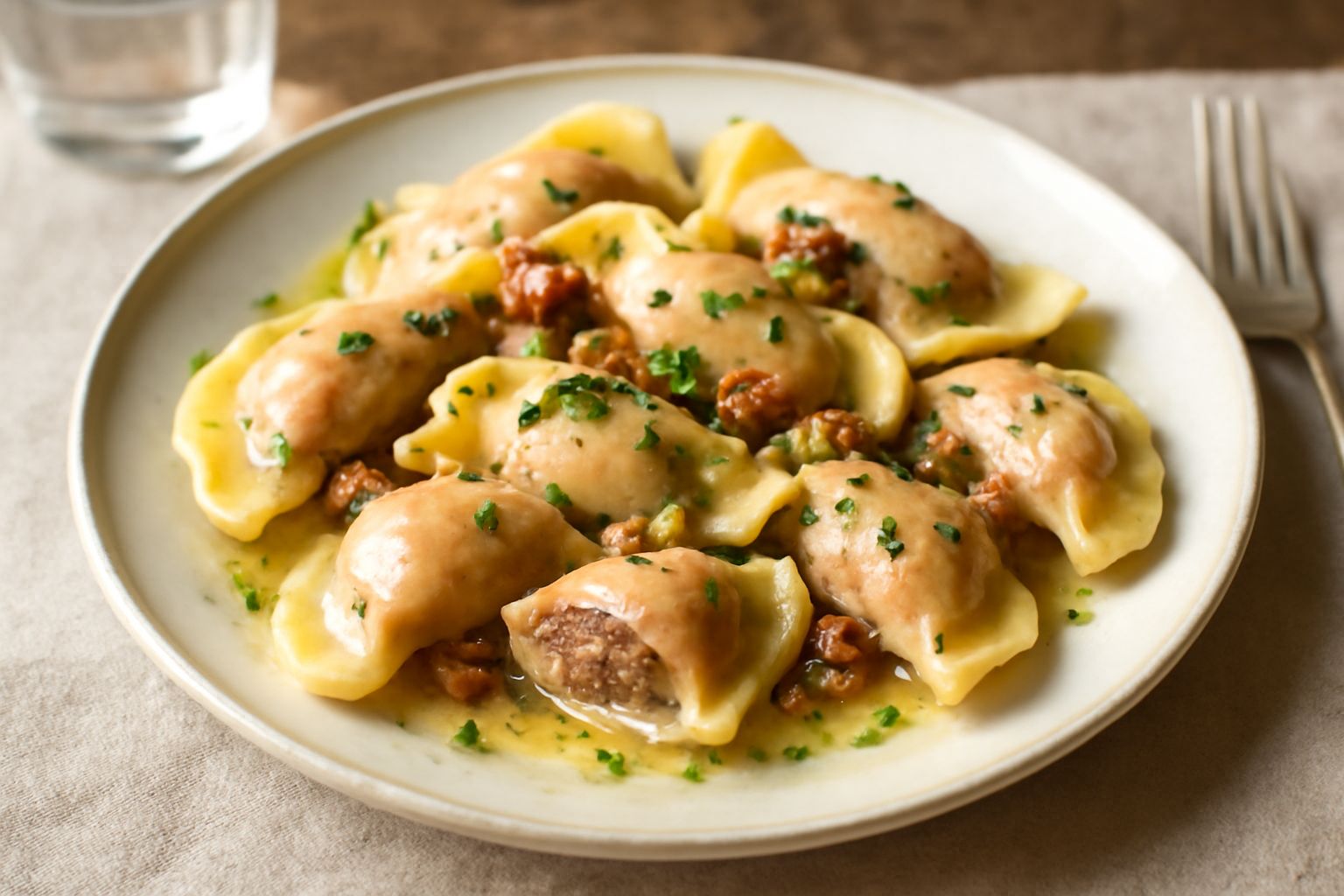 Casoncelli di carne serviti in un piatto di ceramica bianca, conditi con burro dorato fuso e foglie di salvia fresca, sfondo neutro