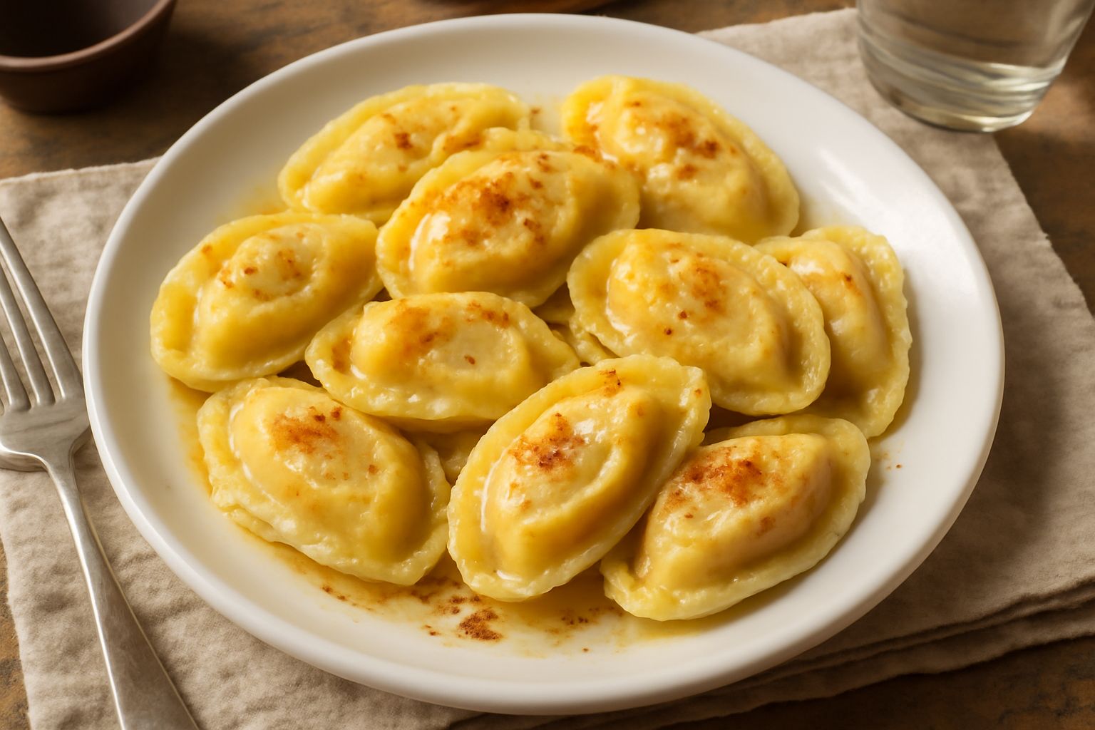 Casoncelli friulani caldi nel piatto, di forma ovale e appiattita, ricolmi di ripieno di patate, ricoperti di burro fuso e briciole di pane tostato dorato