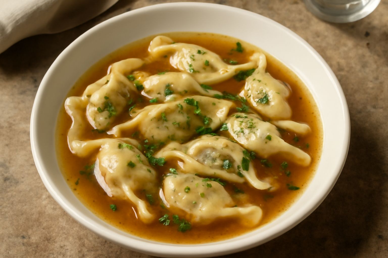 Piatto di porcellana bianca con casoncelli in brodo caldo, la pasta traslucida lascia intravedere il ripieno, colmo di brodo fumante, prezzemolo fresco verde come guarnizione, cucchiaio al lato
