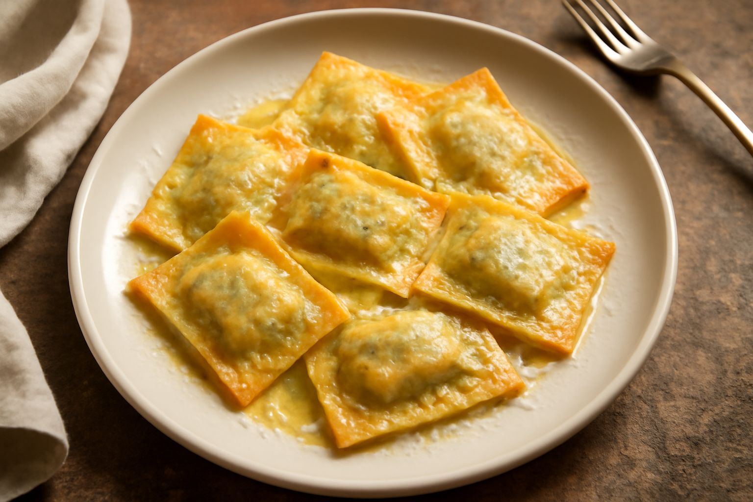 Casoncelli liguri appena cotti serviti in un piatto bianco, ricoperti di burro fuso e parmigiano grattugiato, con sagoma rettangolare ben definita, pasta leggermente traslucida e dorata ai bordi.