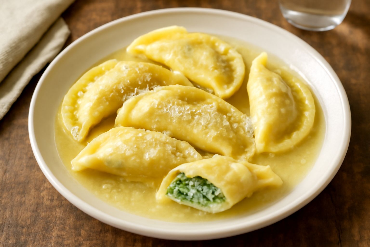 Piatto di casoncelli marchigiani a forma di mezzaluna, con ripieno verde di ricotta e spinaci in evidenza sulla superficie, cosparsi di formaggio grattugiato, in un piatto bianco fondo con brodo legge