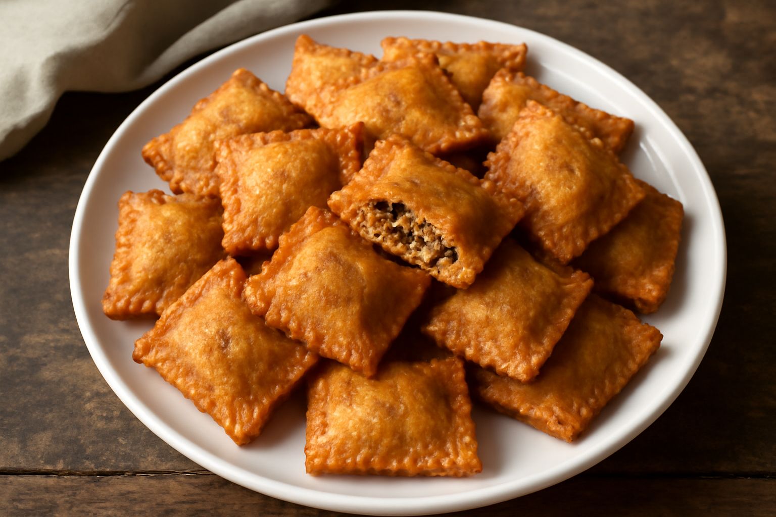Casoncelli messinesi dorati e croccanti su piatto bianco, dritti e fumanti, con ripieno di carne visibile dove la pasta è stata aperta, contorno di insalata fresca verde