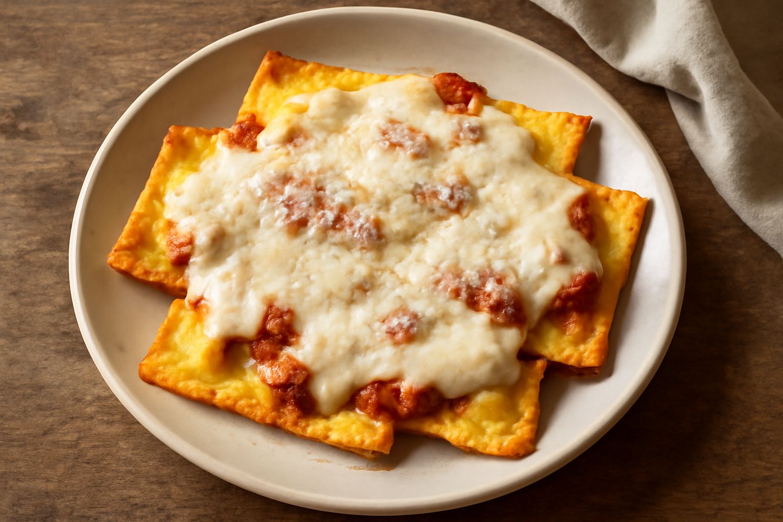 Casoncelli molisani appena sfornati in piatto bianco, ricoperti di besciamella dorata e ragù rosso, con formaggio grattugiato in superficie e erbe aromatiche