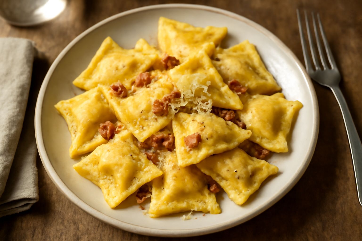 Casoncelli perugini appena cotti in un piatto bianco fondo, conditi con burro fuso e foglie di salvia verde, vapore che sale dalla pasta, bordo del piatto sfocato