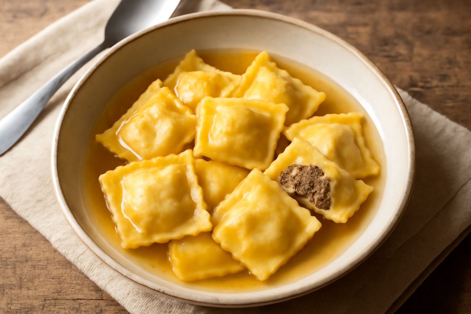 Casoncelli piemontesi quadrati su piatto bianco con burro fuso e salvia verde, brodo caldo di contorno in tazza, pasta dorata visibile dal ripieno