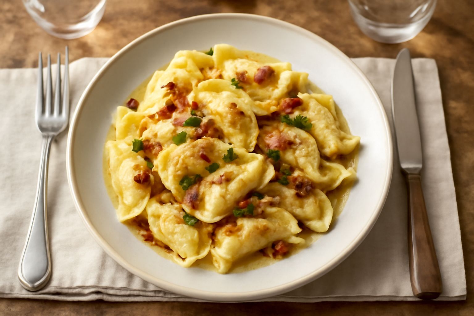 Casoncelli dorati in un piatto bianco con burro fuso e foglie di salvia, vista dall'alto. Ripieno di carne visibile dalla pasta semi-trasparente, fondo di legno rustico