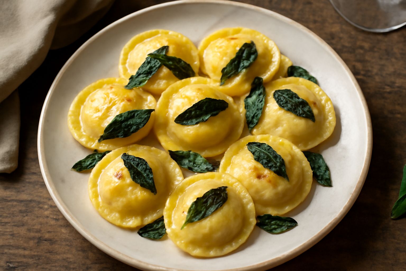 Casoncelli rodigiani in un piatto bianco, ricoperti di burro fuso e foglie di salvia verde, pasta dorata visibile nel ripieno, contorno di brodo caldo sfumato