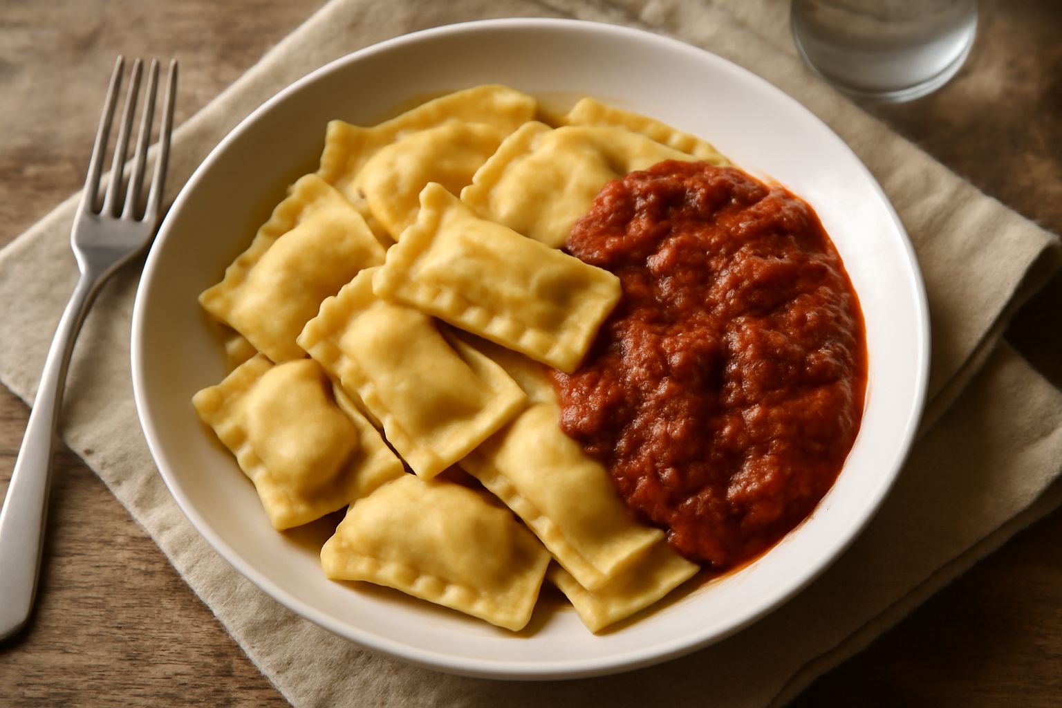 Casoncelli siciliani ripieni in un piatto bianco, ricoperti di ragù rosso scuro e grana grattugiato, pasta dorata trafilata al bronzo, contorno di prezzemolo fresco