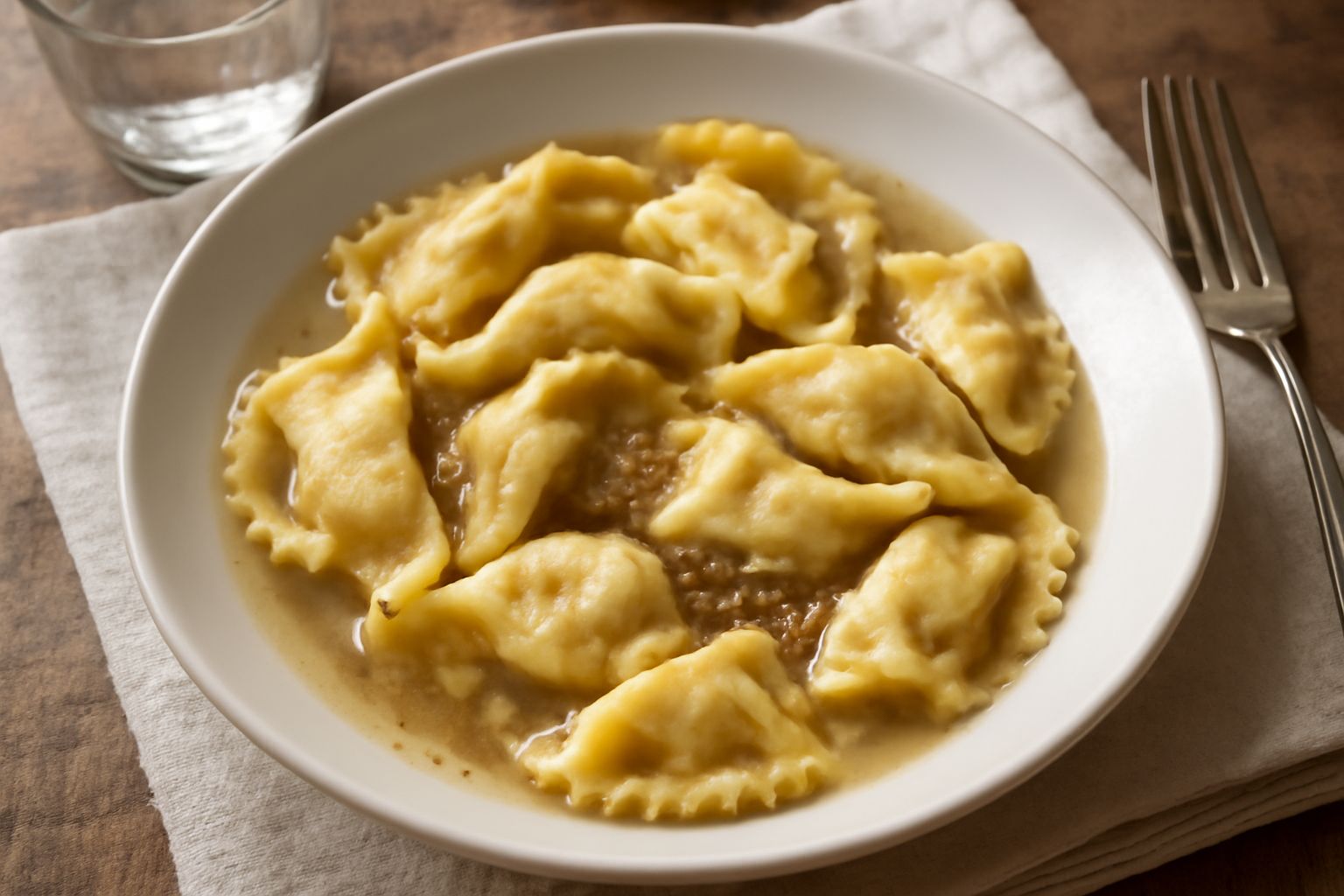 Casoncelli toscani caldi in bianco piatto fondo, ricoperti di brodo trasparente, con prezzemolo fresco sminuzzato, contorno di verdure soffuse di brodo, vapore leggero