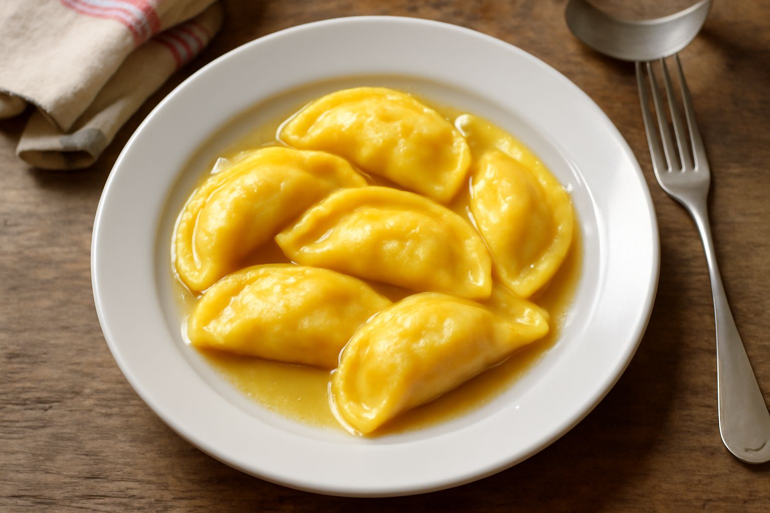 Piatto di casonsèi bresciani dorati e brillanti, disposti nel brodo caldo fumante con una striscia di burro fuso e una spolverata di formaggio grana grattugiato, contorno di sedano e carota nel brodo